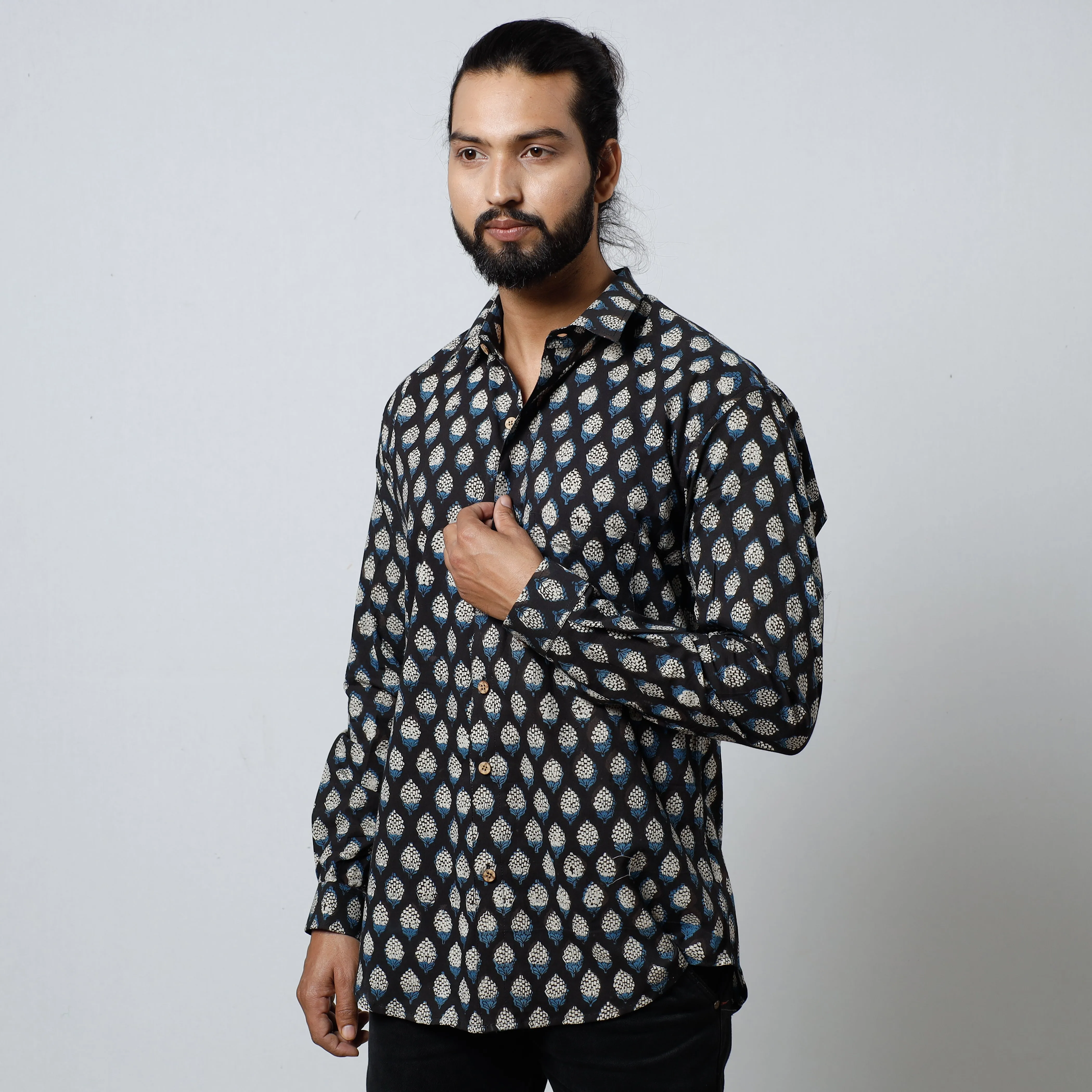 Black - Bagru Block Printed Cotton Men Full Sleeve Shirt sold by Itokri product image thumbnail 2
