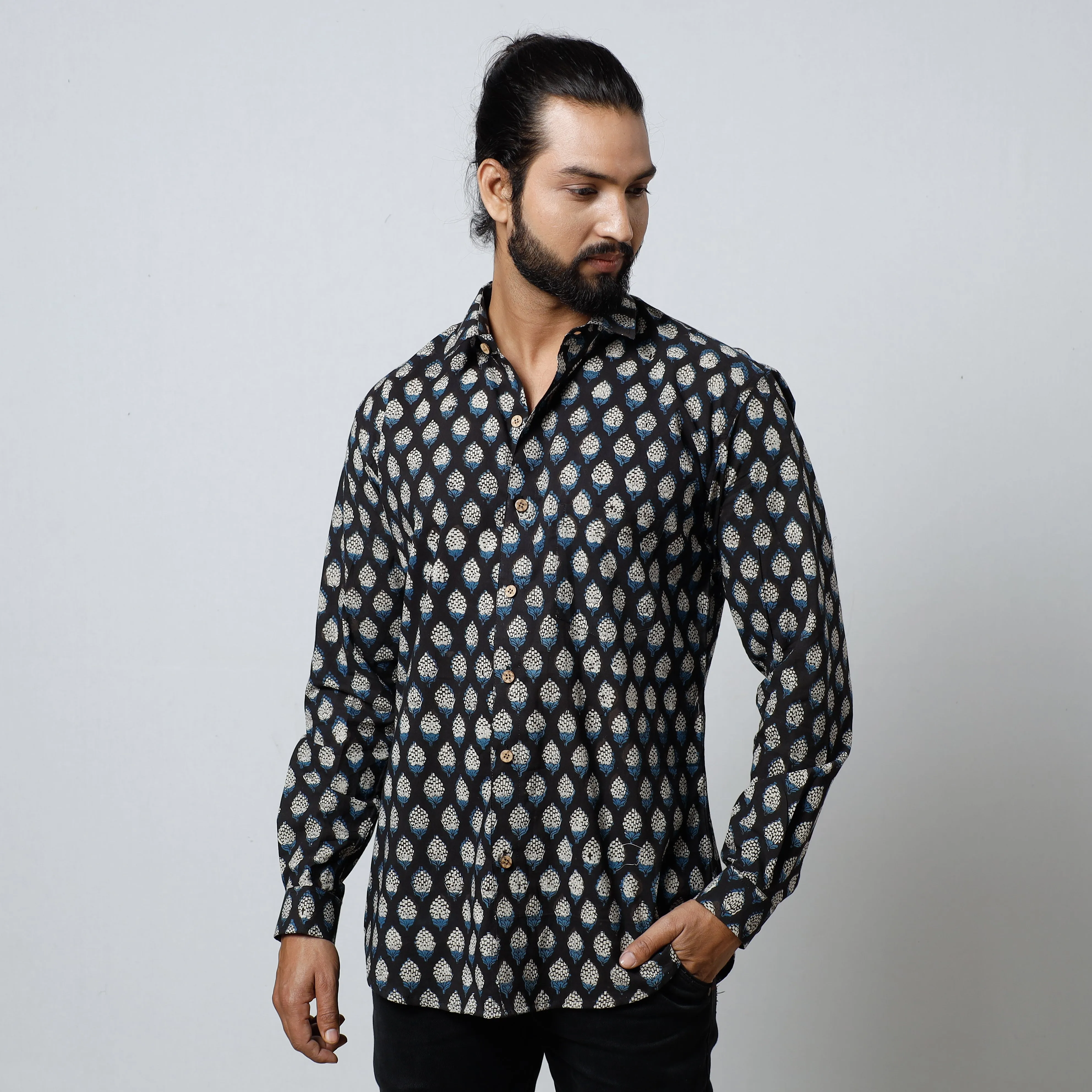 Black - Bagru Block Printed Cotton Men Full Sleeve Shirt sold by Itokri
