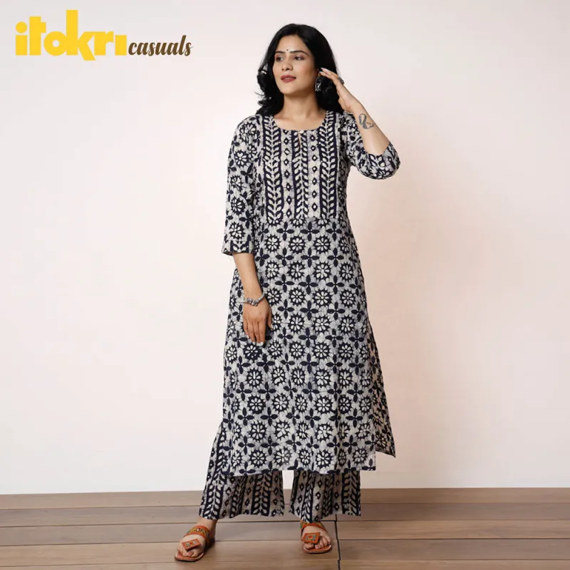 Oxford Blue White Batik Printed Cotton Kurta with Palazzo Set sold by Itokri