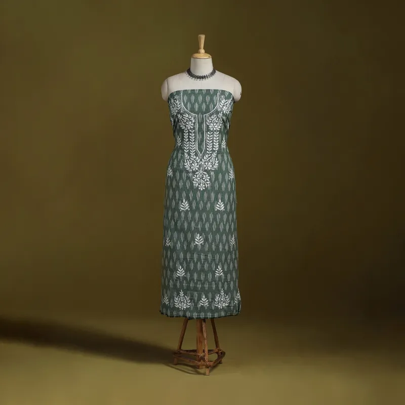 Green - Lucknowi Chikankari Work Pochampally Ikat Unstitched Kurta Material (2.5M) 87 made by Itokri