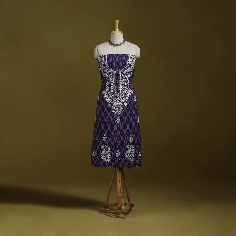 Purple - Lucknowi Chikankari Work Pochampally Ikat Unstitched Kurta Material (2.5M) 86 made by Itokri