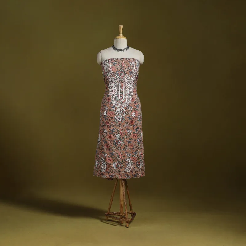Brown - Lucknowi Chikankari Work Sanganeri Unstitched Kurta Material (2.5M) 49 made by Itokri