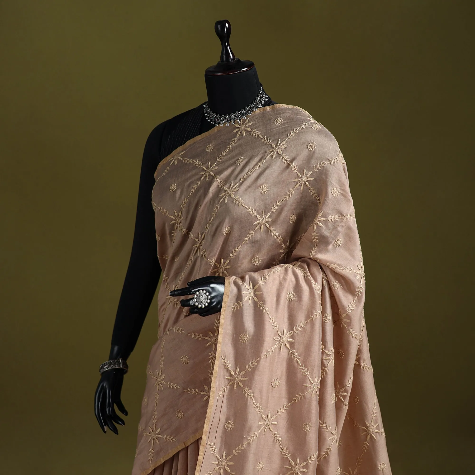 Beige - Hand Embroidered Chanderi Silk Lucknowi Chikan Saree 03 sold by Itokri product image thumbnail 2