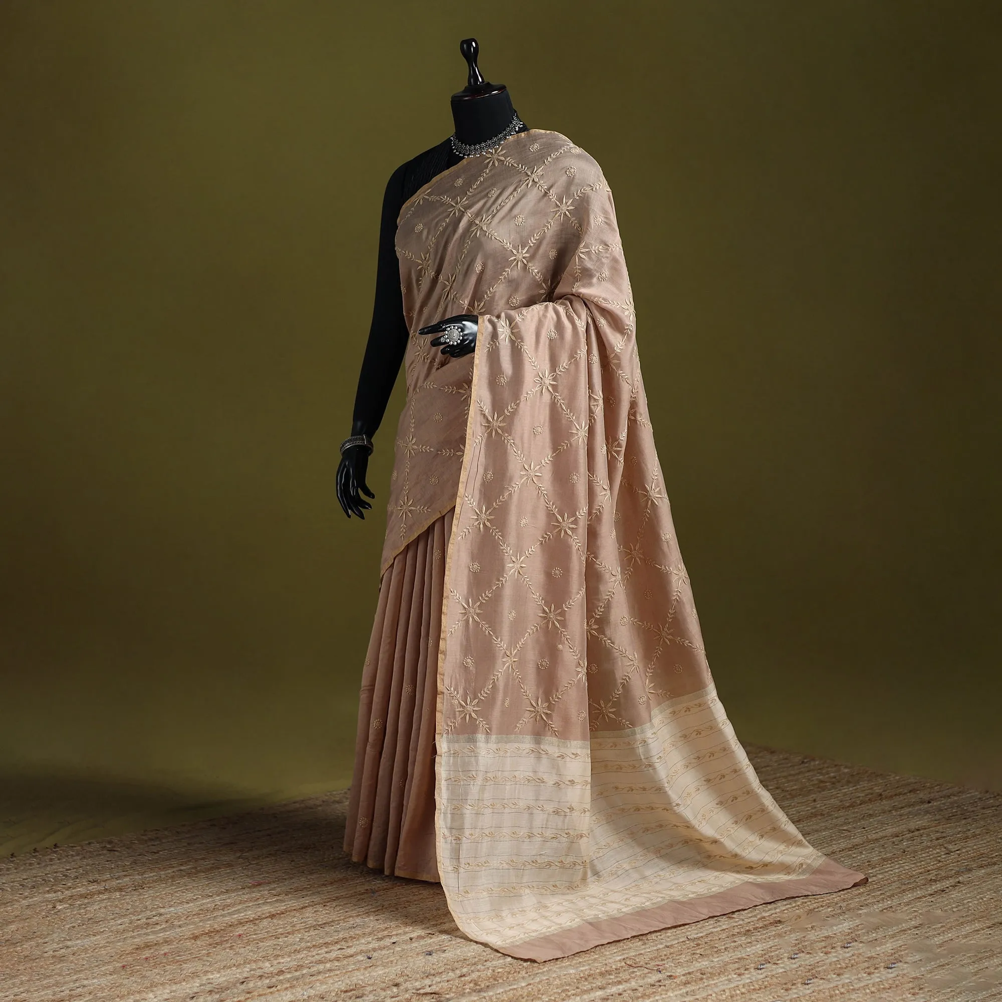 Beige - Hand Embroidered Chanderi Silk Lucknowi Chikan Saree 03 sold by Itokri