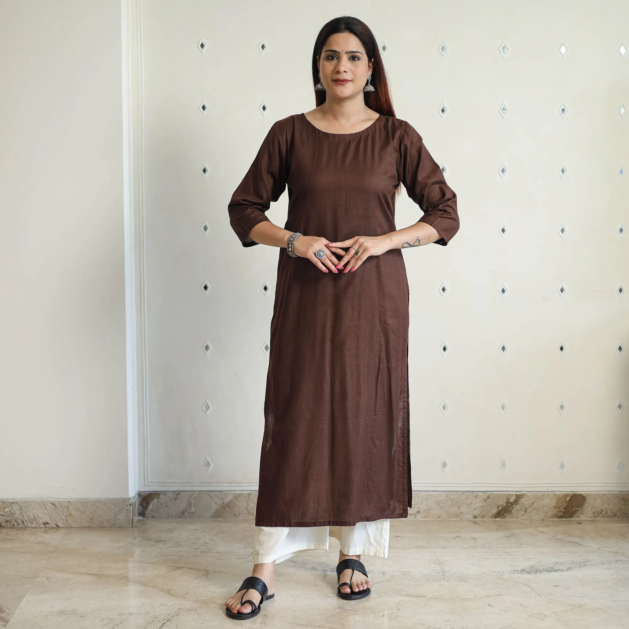 Dark Brown - Linen Viscose Plain Long Straight Kurta 44 sold by Itokri product image thumbnail 2