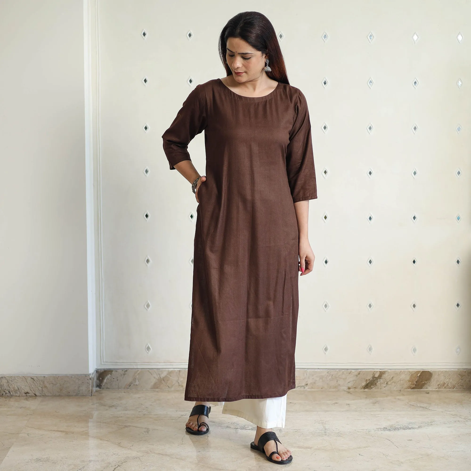 Dark Brown - Linen Viscose Plain Long Straight Kurta 44 sold by Itokri product image thumbnail 3