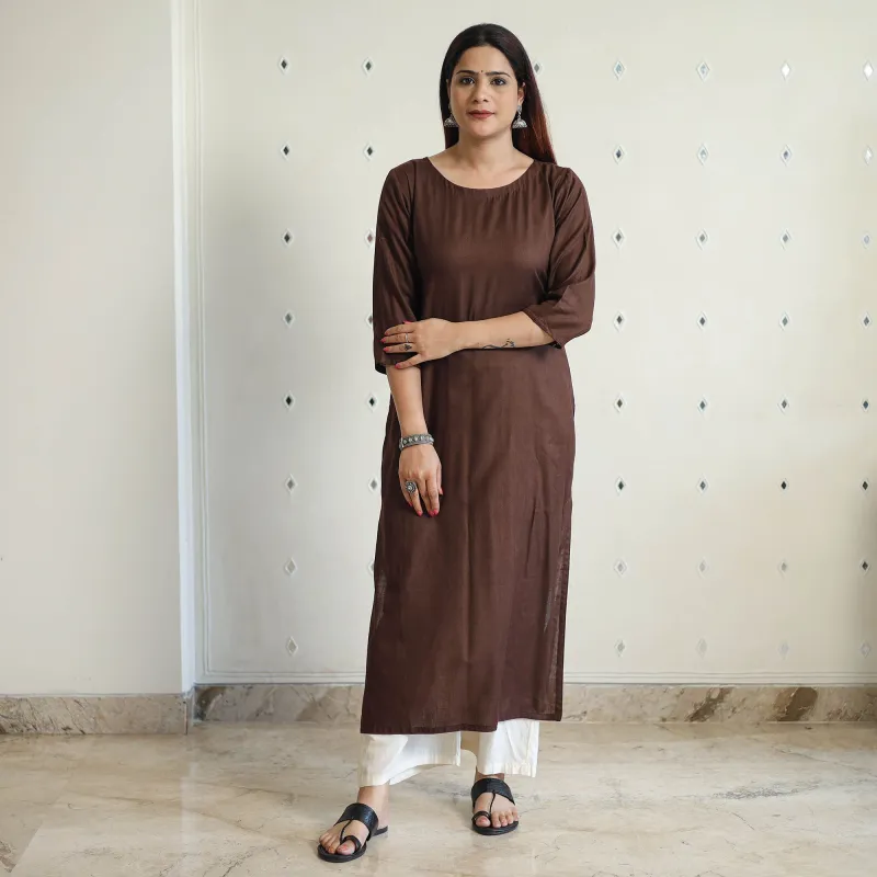 Dark Brown - Linen Viscose Plain Long Straight Kurta 44 made by Itokri