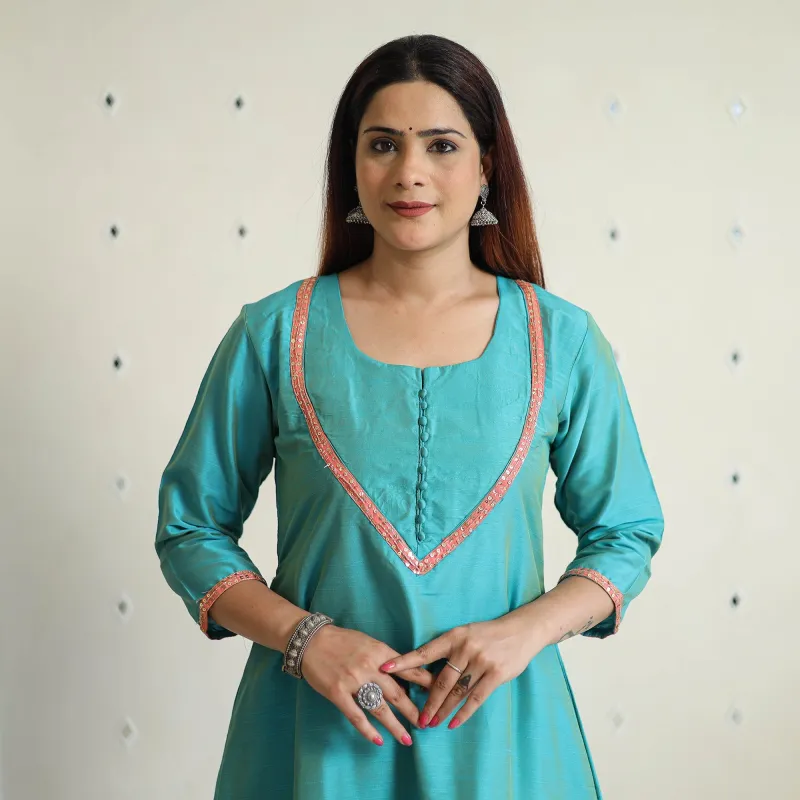 Aqua Blue - Plain Solid Slub Silk A-Line Kurta with Beadwork Hand Embroidery Lace 13 sold by Itokri
