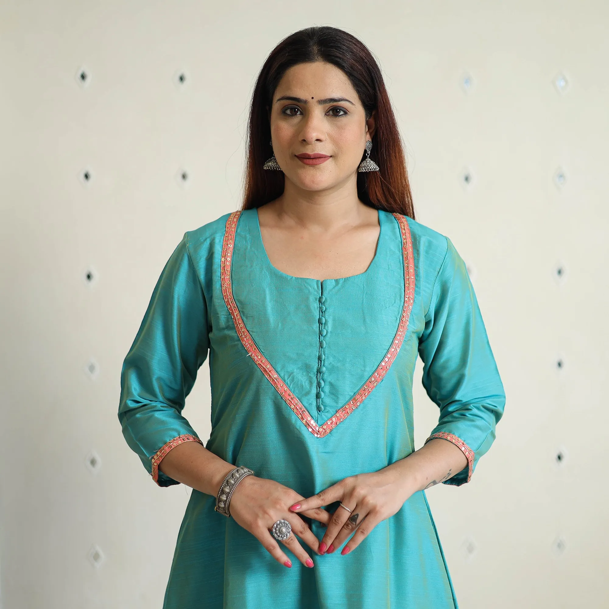Aqua Blue - Plain Solid Slub Silk A-Line Kurta with Beadwork Hand Embroidery Lace 13 sold by Itokri