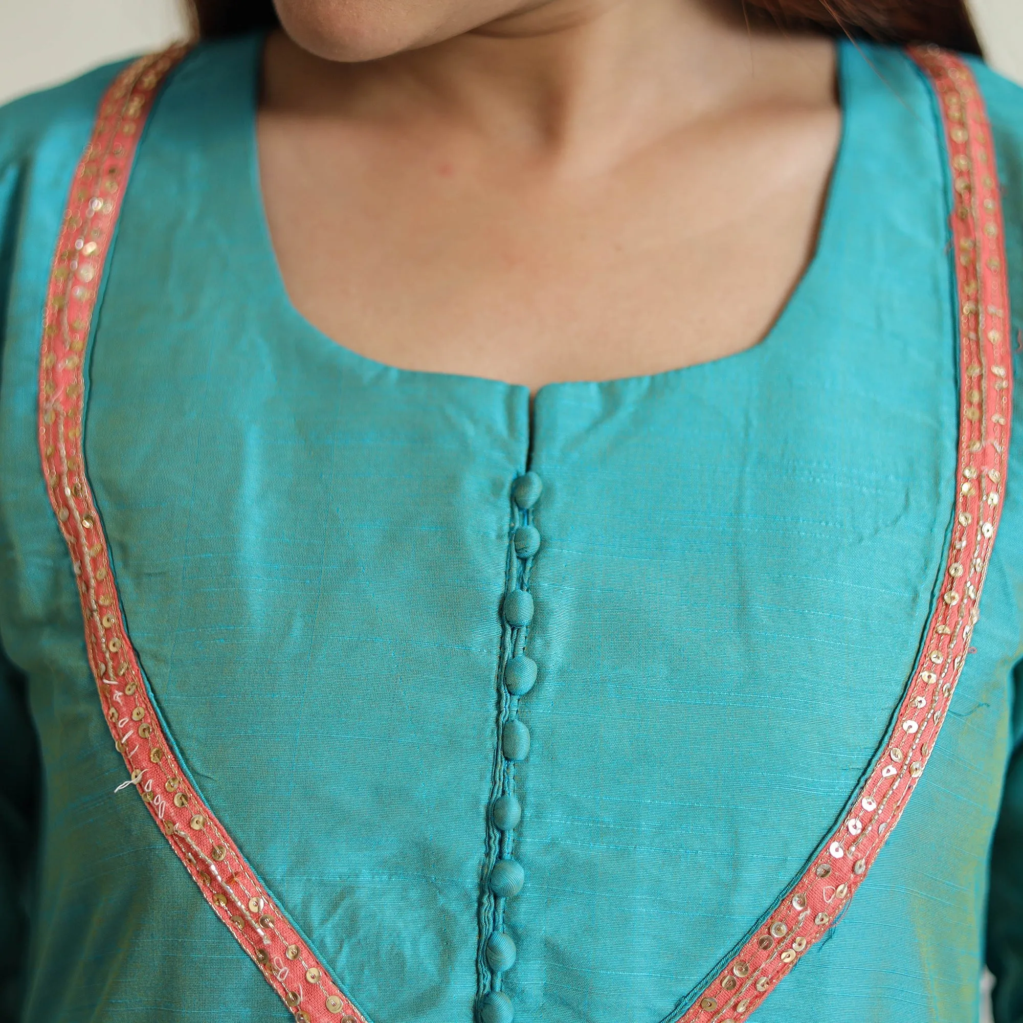 Aqua Blue - Plain Solid Slub Silk A-Line Kurta with Beadwork Hand Embroidery Lace 13 sold by Itokri product image thumbnail 5