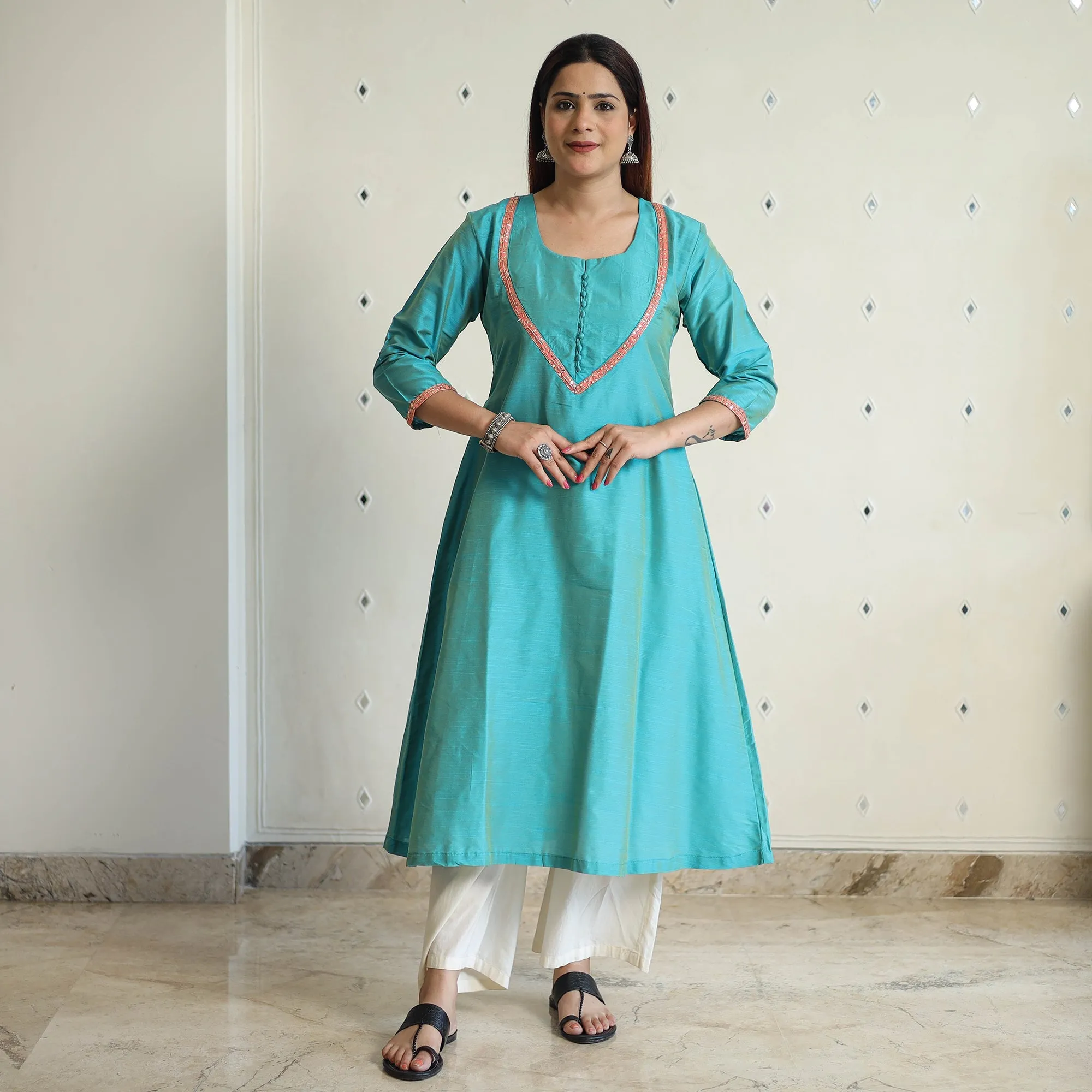 Aqua Blue - Plain Solid Slub Silk A-Line Kurta with Beadwork Hand Embroidery Lace 13 sold by Itokri product image thumbnail 3