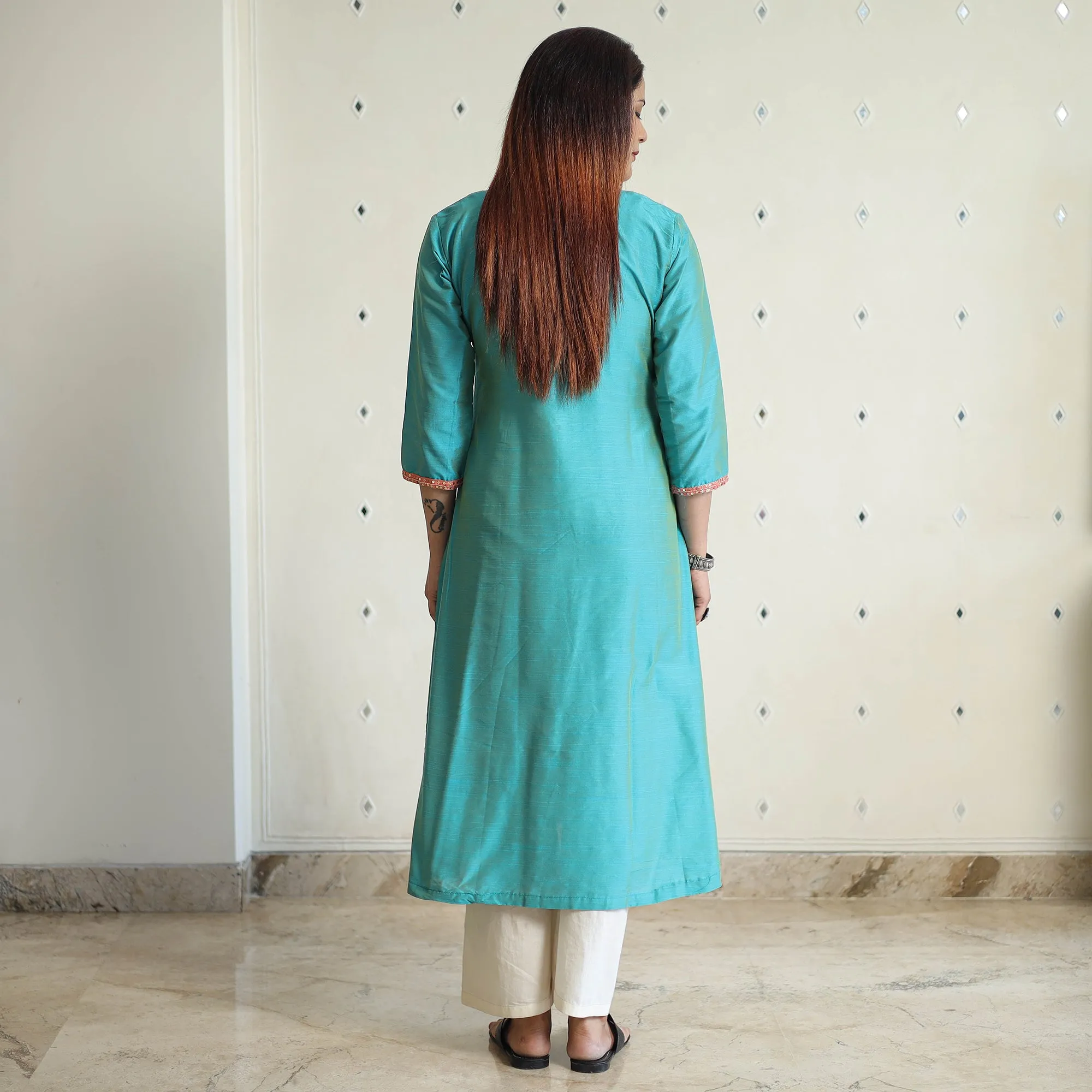 Aqua Blue - Plain Solid Slub Silk A-Line Kurta with Beadwork Hand Embroidery Lace 13 sold by Itokri product image thumbnail 4