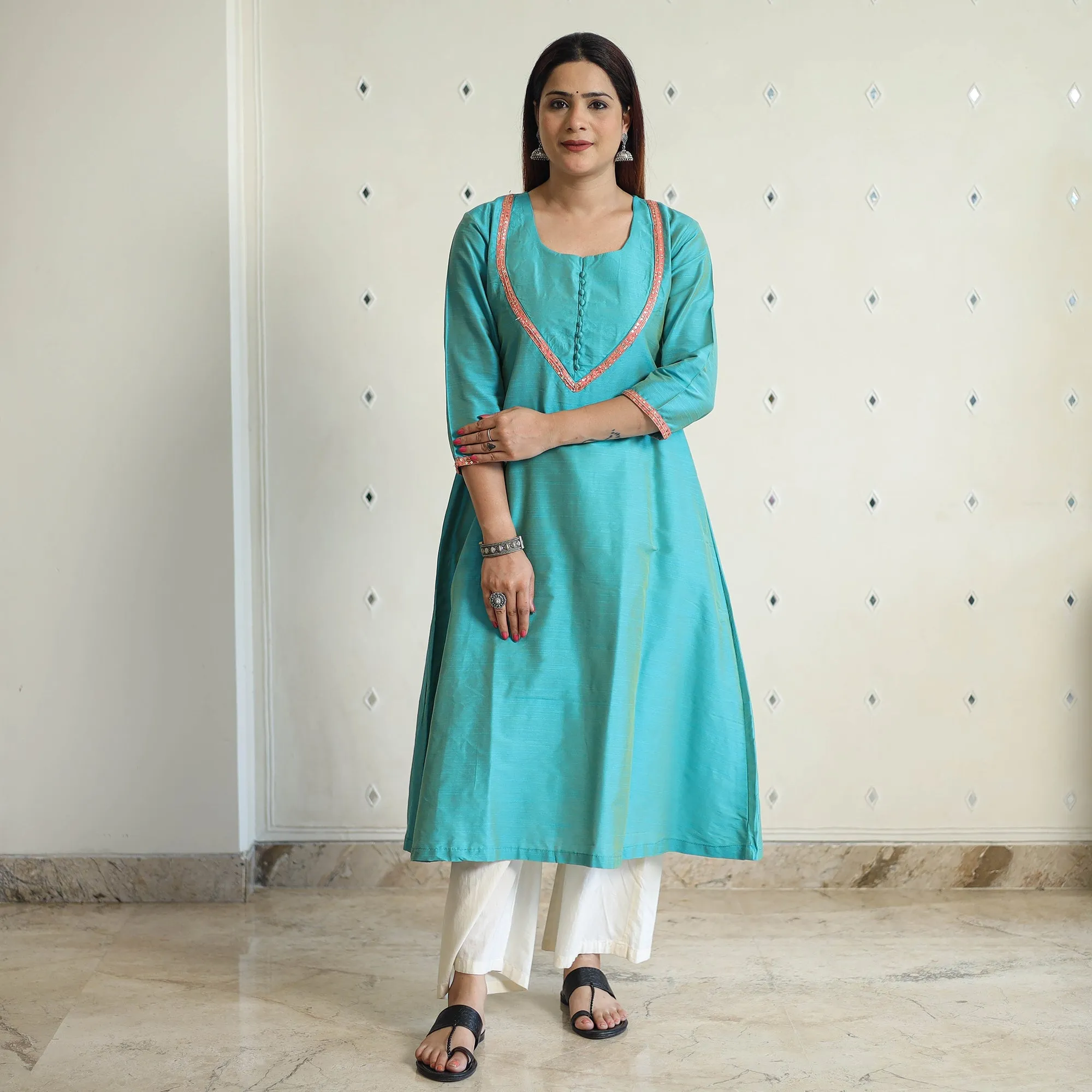 Aqua Blue - Plain Solid Slub Silk A-Line Kurta with Beadwork Hand Embroidery Lace 13 sold by Itokri product image thumbnail 2