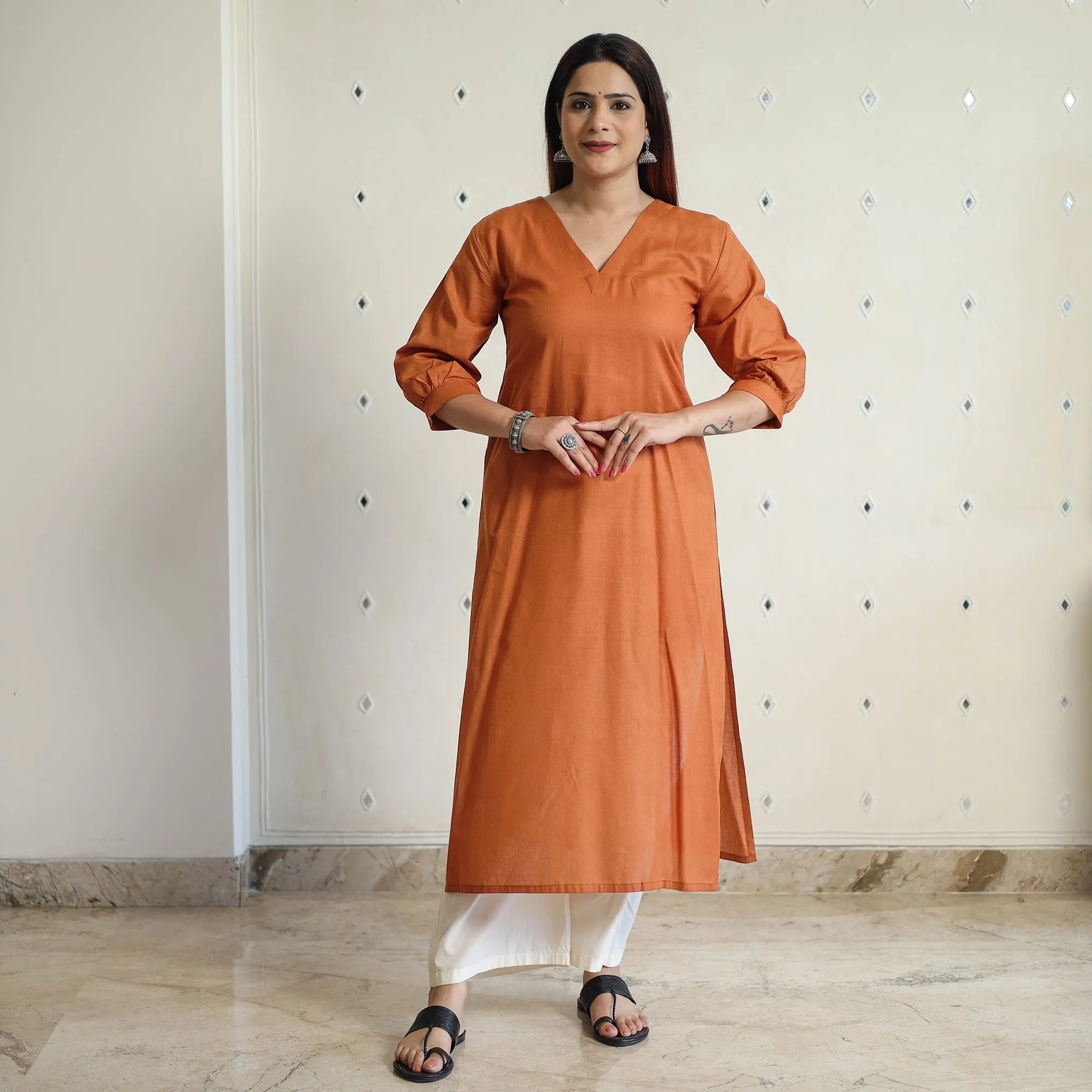 Orange - Linen Viscose Plain Long Straight Kurta 15 sold by Itokri product image thumbnail 3