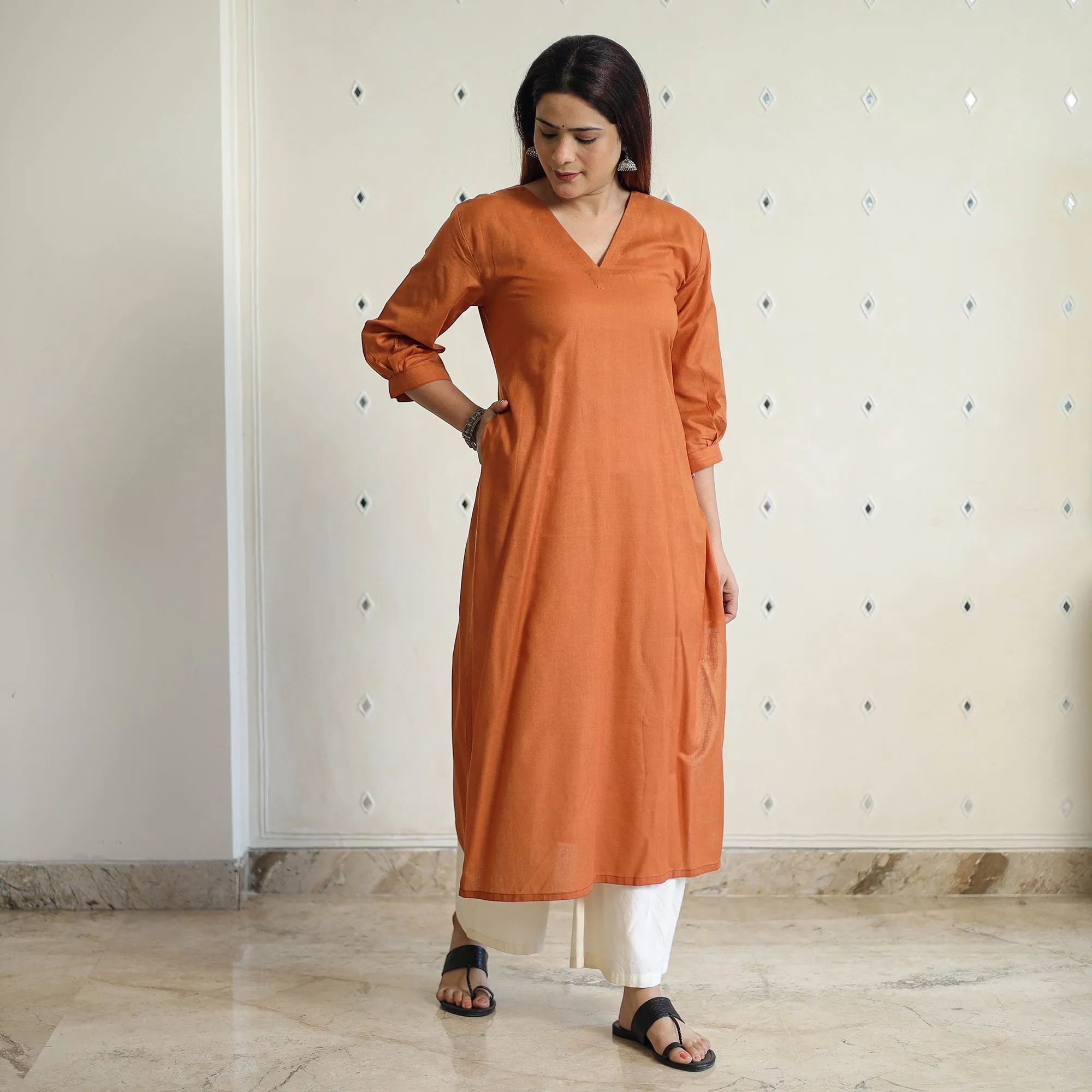 Orange - Linen Viscose Plain Long Straight Kurta 15 sold by Itokri product image thumbnail 2