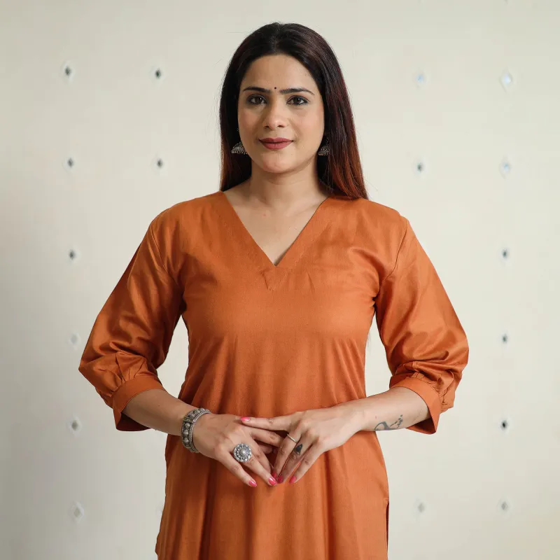Orange - Linen Viscose Plain Long Straight Kurta 15 made by Itokri