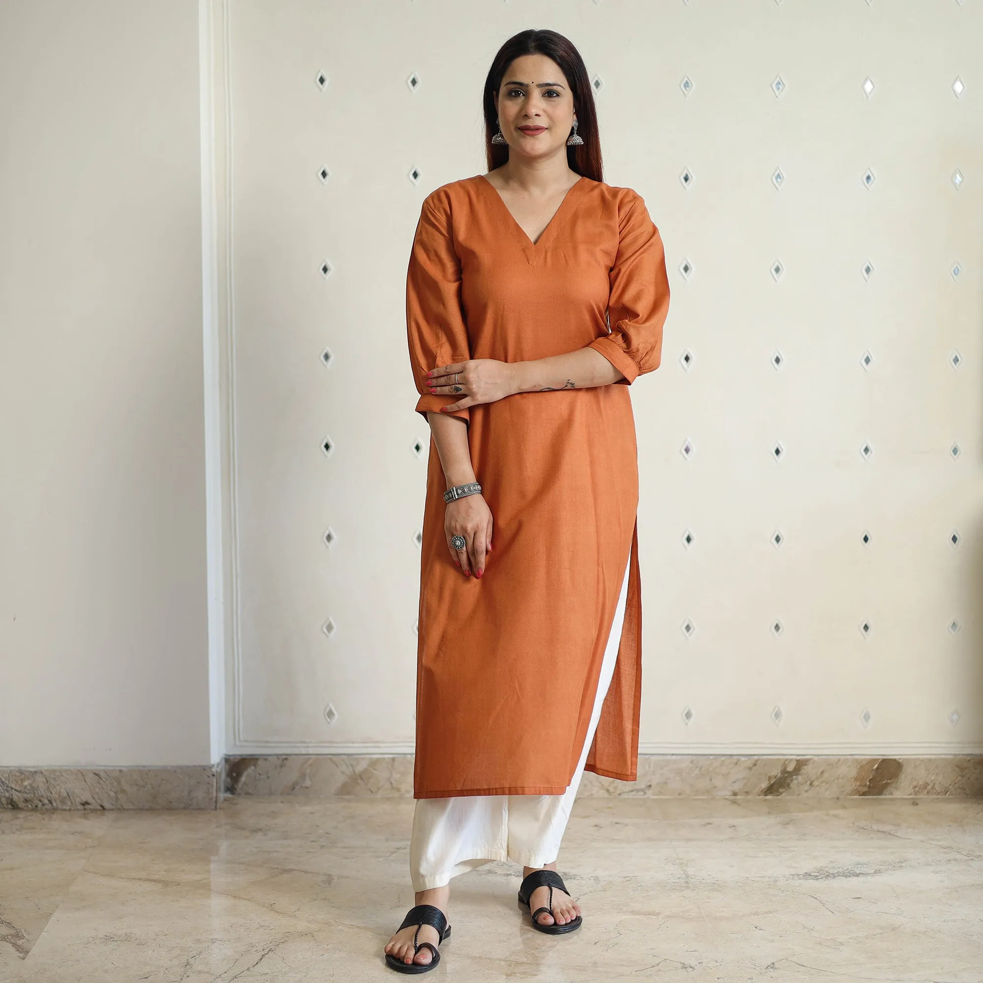 Orange - Linen Viscose Plain Long Straight Kurta 15 sold by Itokri product image thumbnail 5