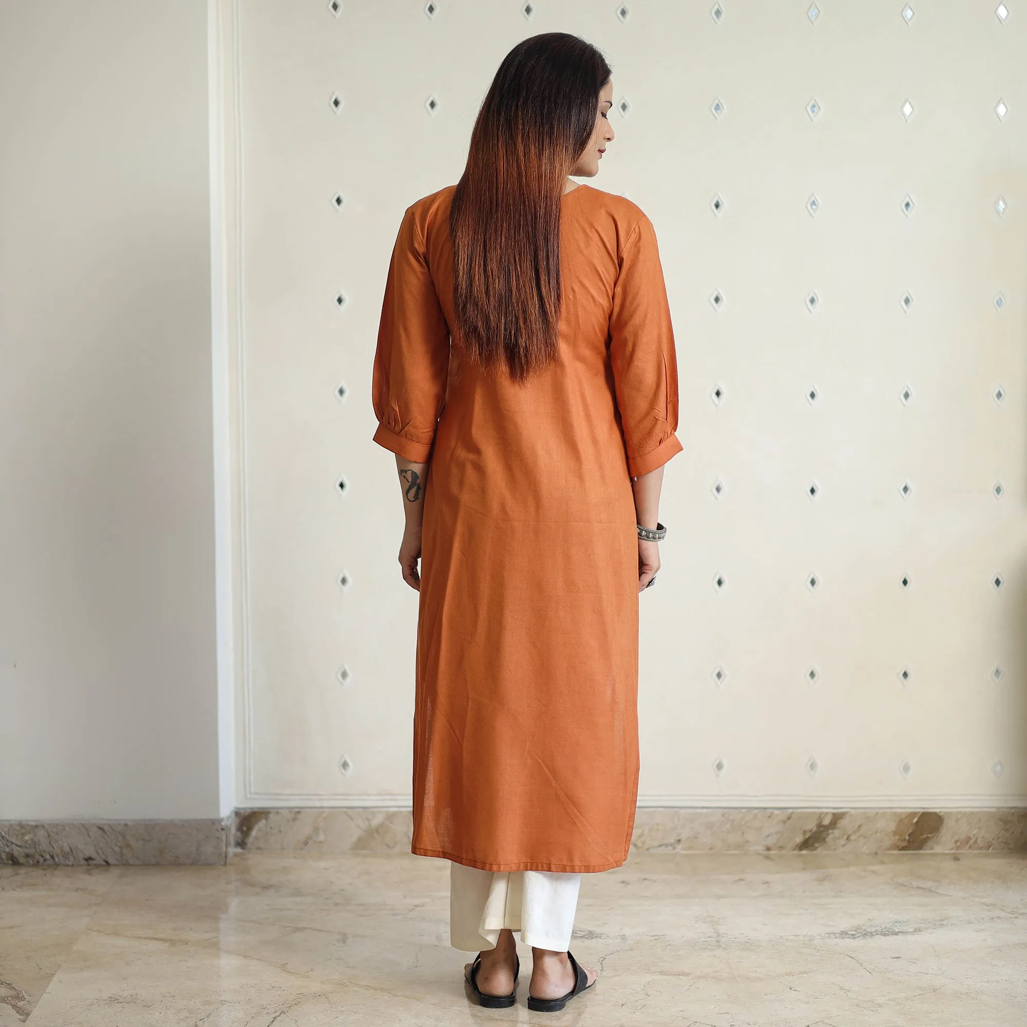 Orange - Linen Viscose Plain Long Straight Kurta 15 sold by Itokri product image thumbnail 4
