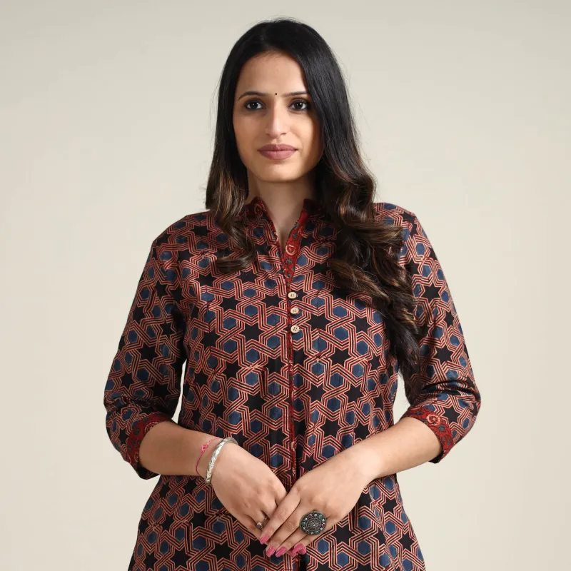 Maroon - Ajrakh Block Printed Cotton Long Kurta made by Itokri
