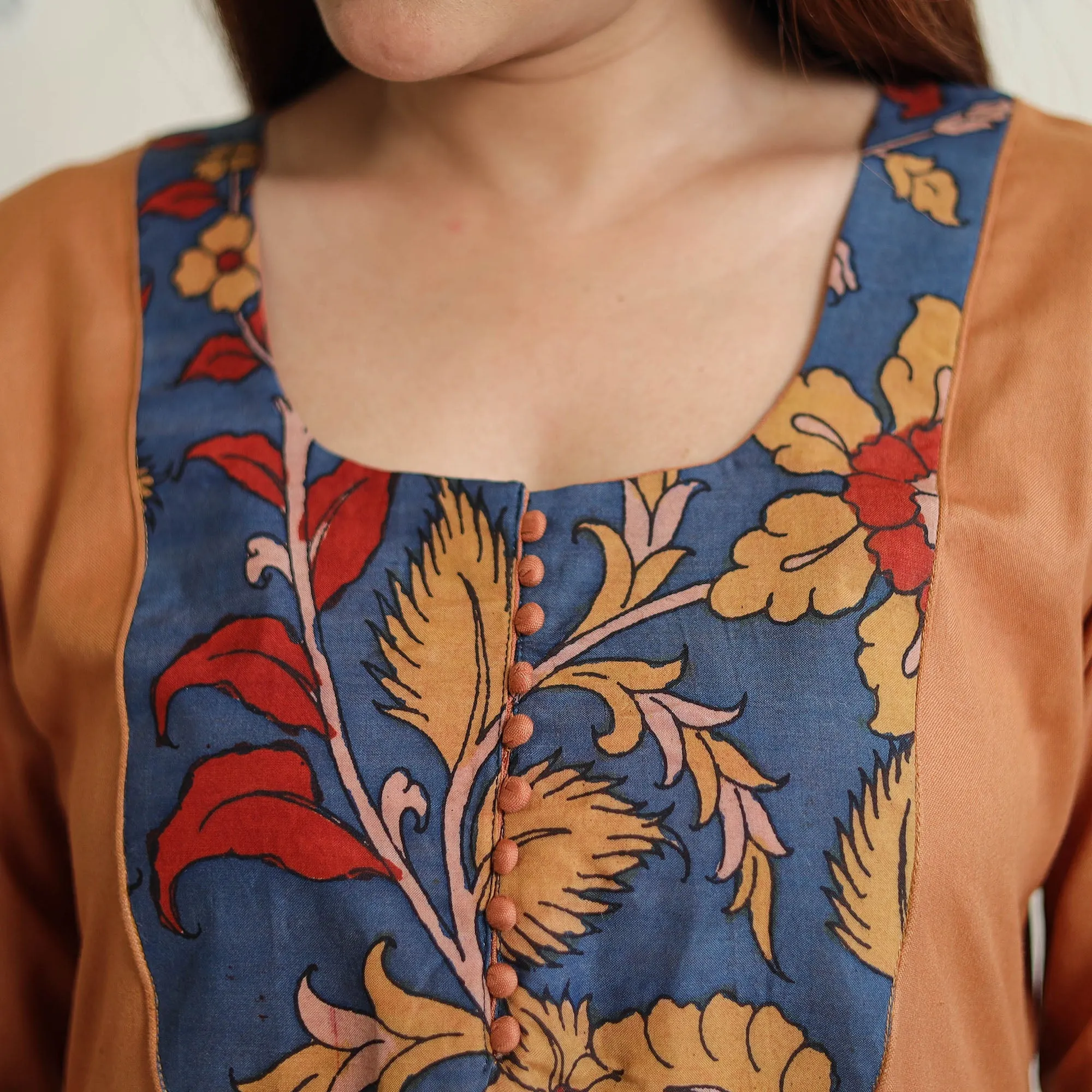 Brown - Srikalahasti Kalamkari Patchwork Plain Linen Cotton Long A-Line Kurta 26 sold by Itokri product image thumbnail 5