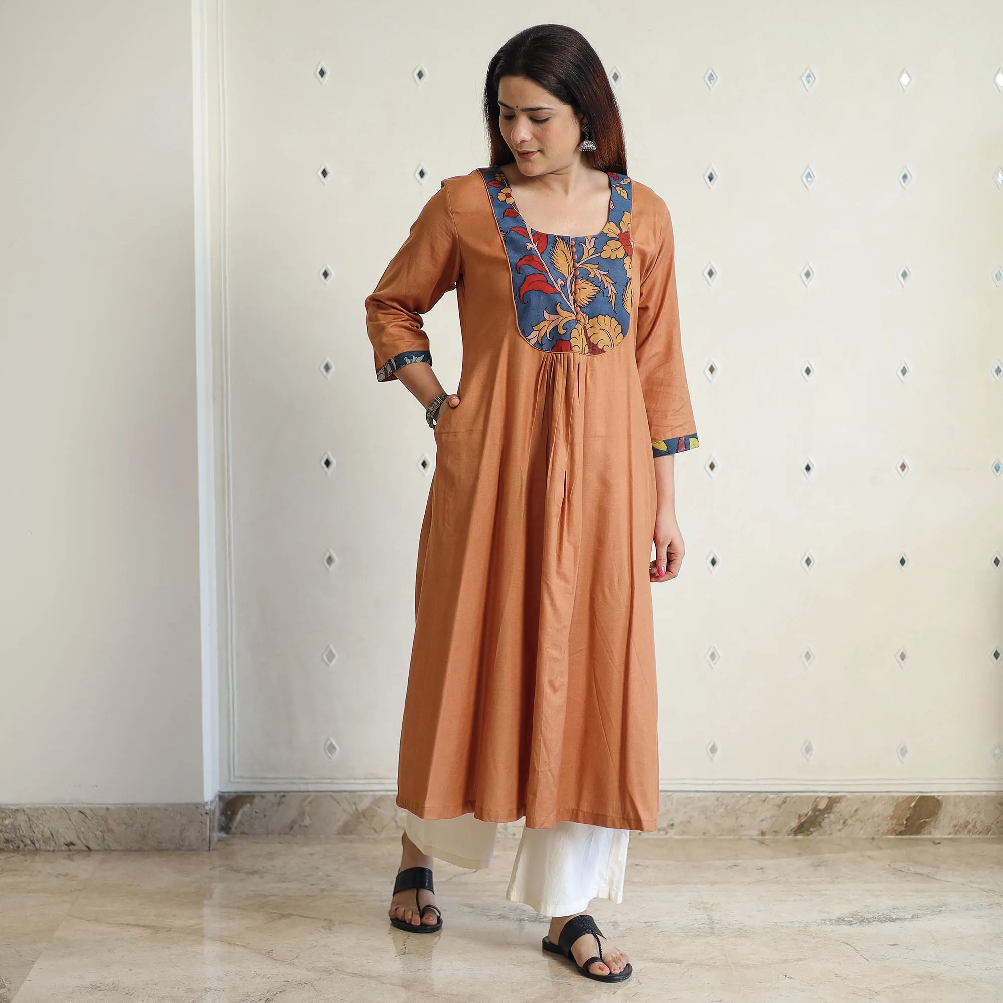Brown - Srikalahasti Kalamkari Patchwork Plain Linen Cotton Long A-Line Kurta 26 sold by Itokri product image thumbnail 3