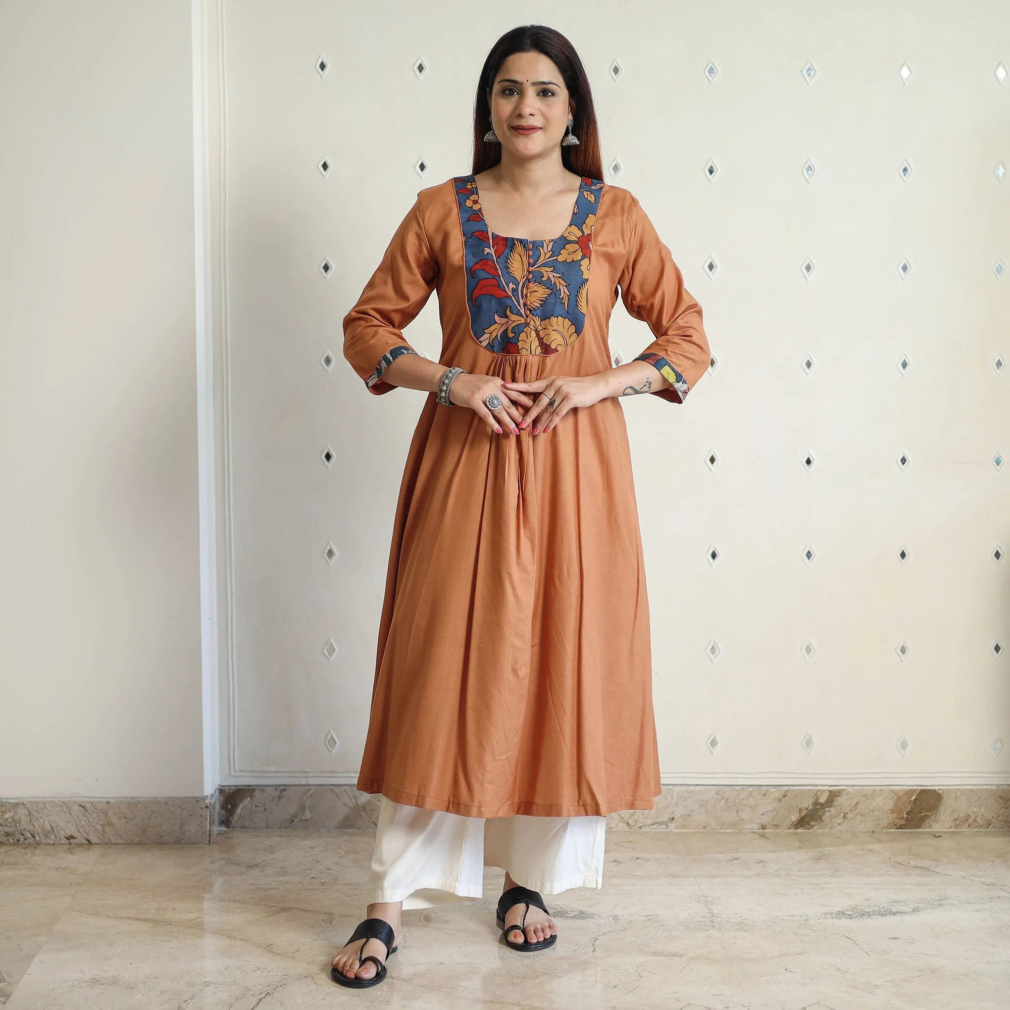 Brown - Srikalahasti Kalamkari Patchwork Plain Linen Cotton Long A-Line Kurta 26 sold by Itokri product image thumbnail 2