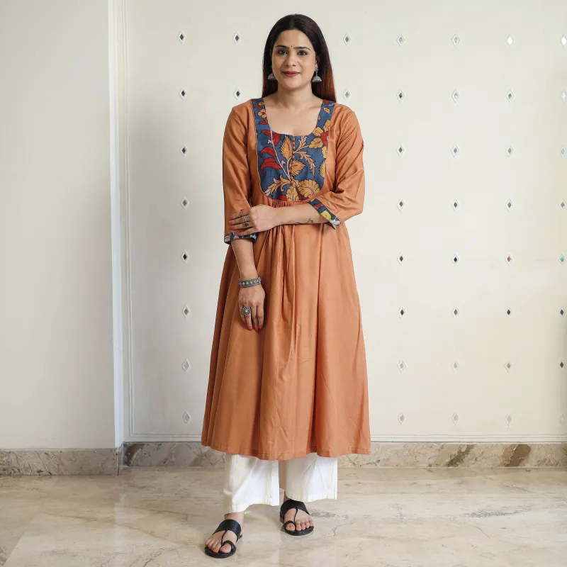 Brown - Srikalahasti Kalamkari Patchwork Plain Linen Cotton Long A-Line Kurta 26 made by Itokri