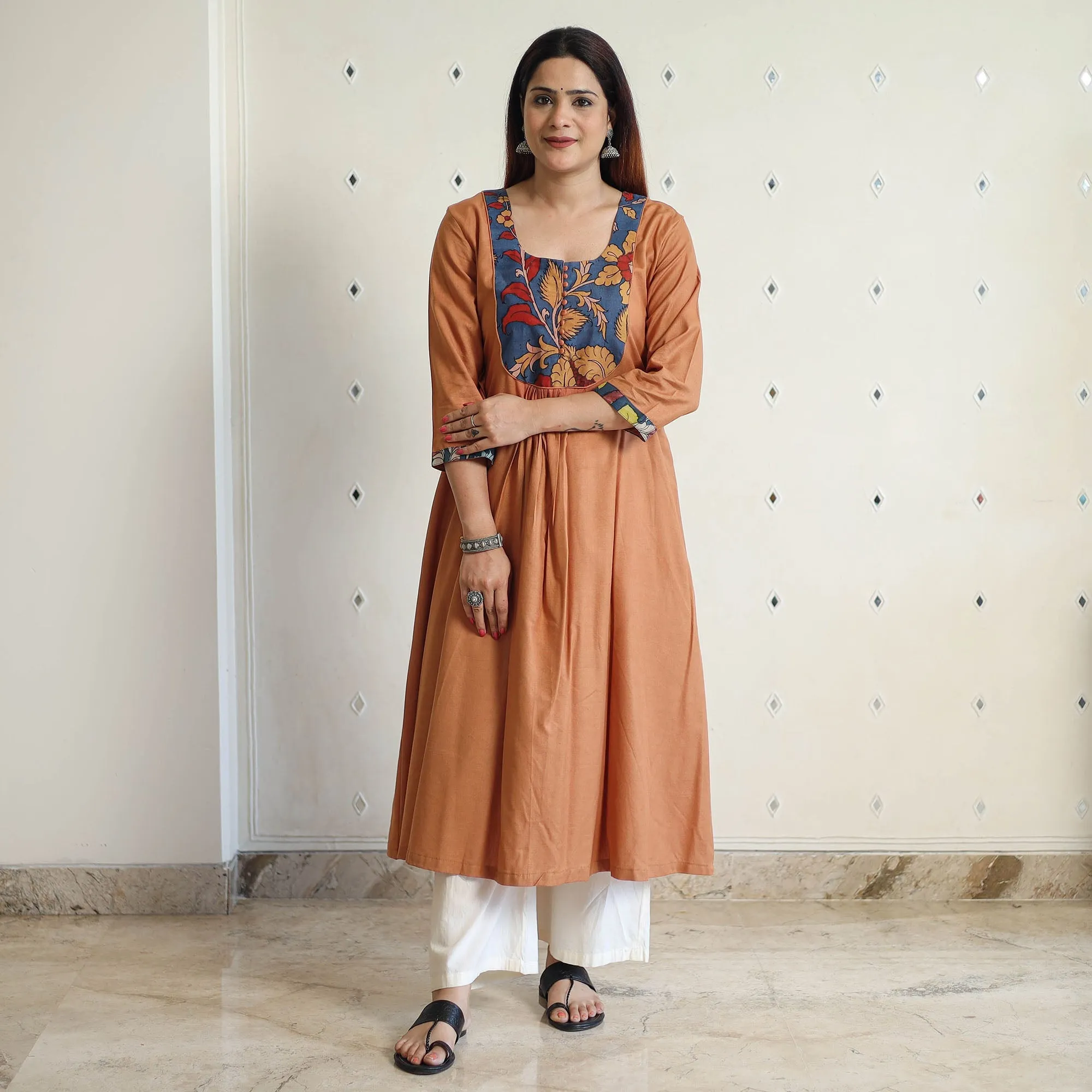 Brown - Srikalahasti Kalamkari Patchwork Plain Linen Cotton Long A-Line Kurta 26 sold by Itokri