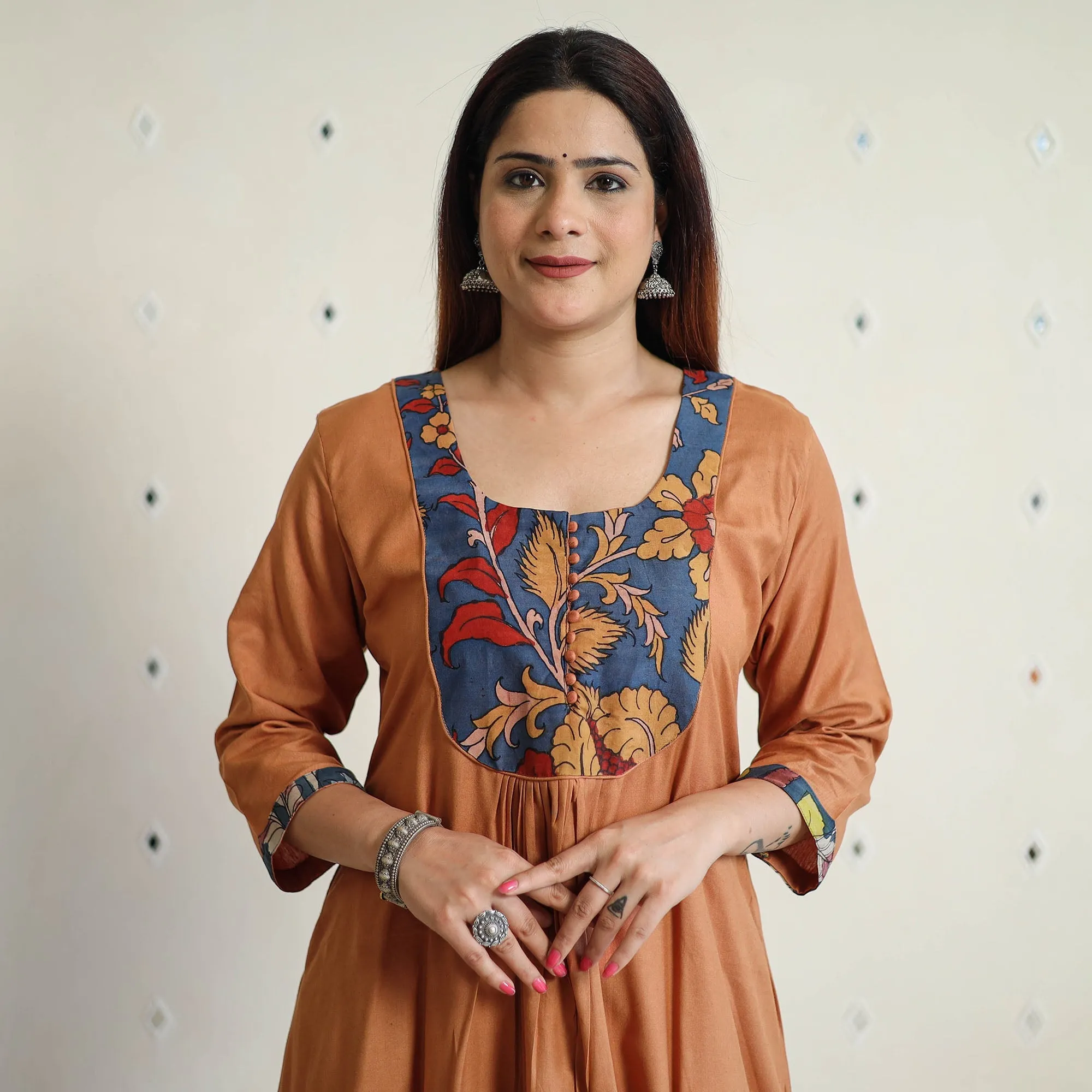 Brown - Srikalahasti Kalamkari Patchwork Plain Linen Cotton Long A-Line Kurta 26 sold by Itokri product image thumbnail 4