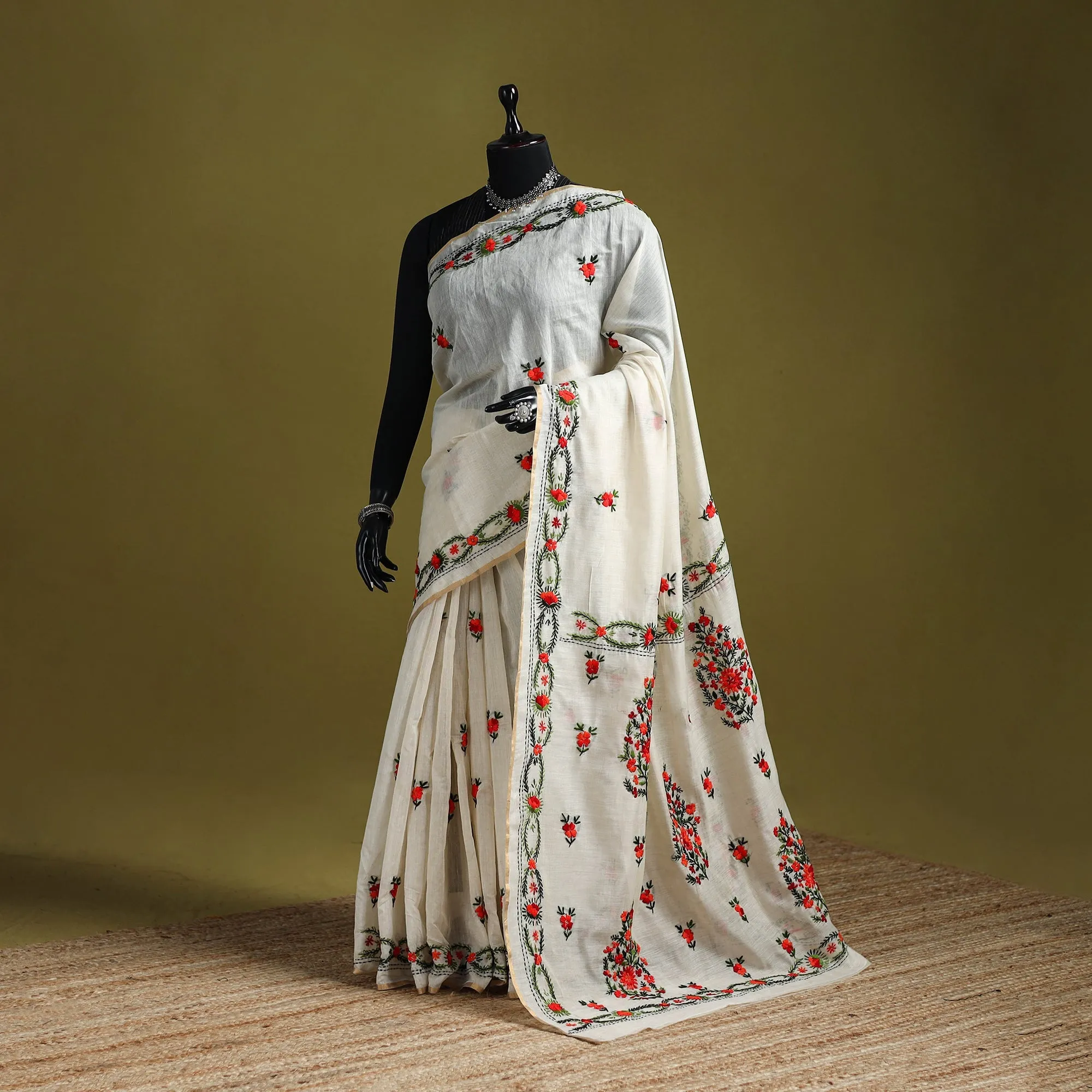 Bengal Silk Cotton Hand Embroidered Saree 43 sold by Itokri