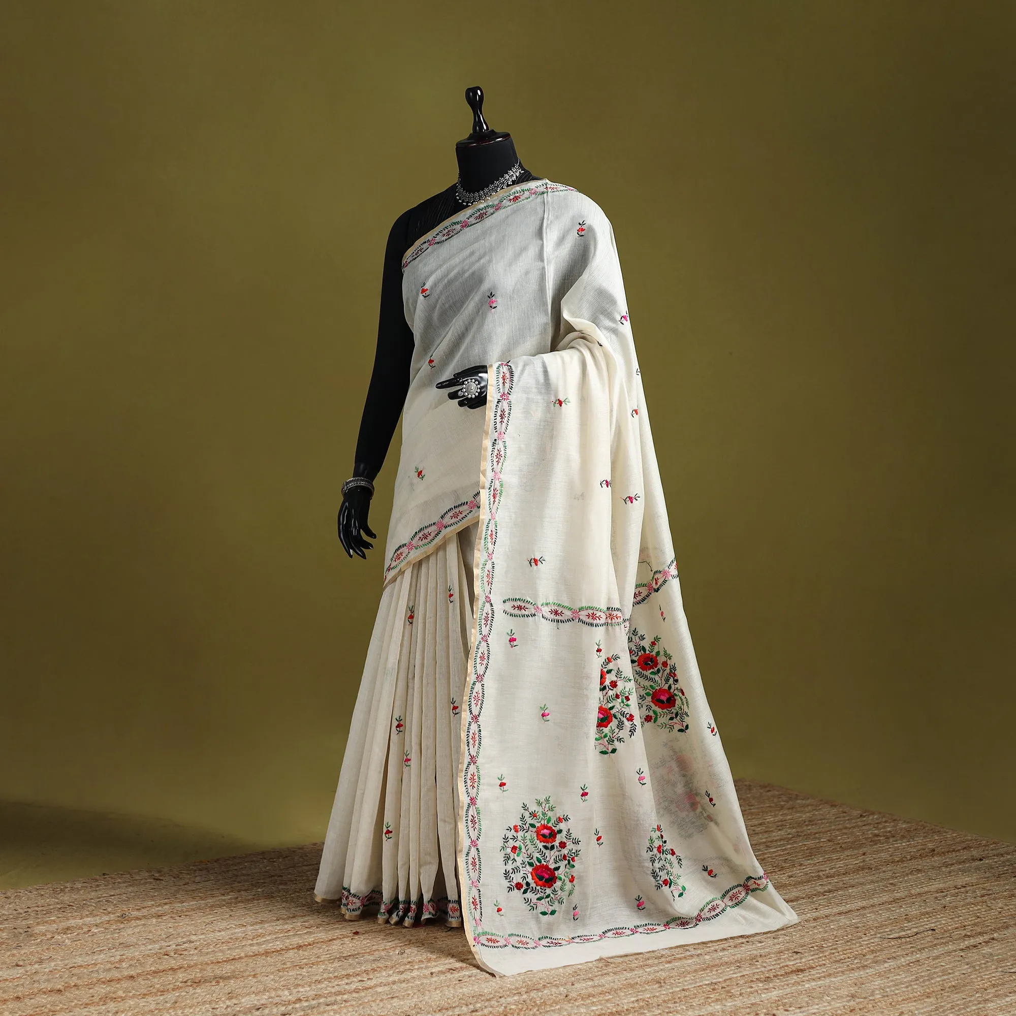 White - Bengal Silk Cotton Hand Embroidered Saree 42 sold by Itokri