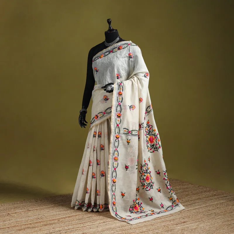 White - Bengal Silk Cotton Hand Embroidered Saree 41 sold by Itokri