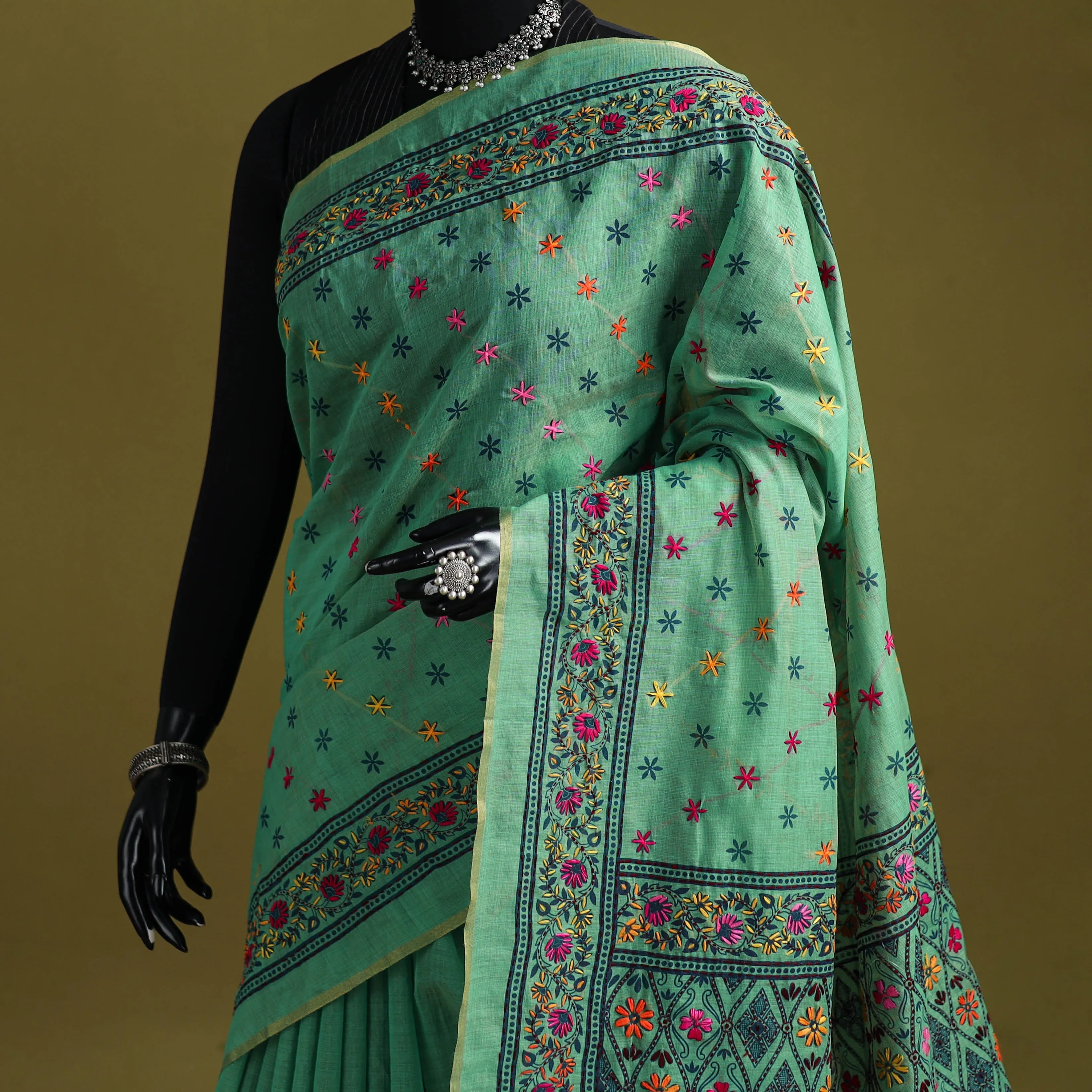 Green - Bengal Hand Embroidery Silk Cotton Chapa Work Kantha Saree 39 sold by Itokri product image thumbnail 2