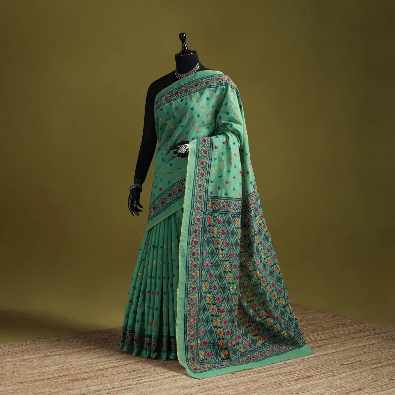 Green - Bengal Hand Embroidery Silk Cotton Chapa Work Kantha Saree 39 sold by Itokri