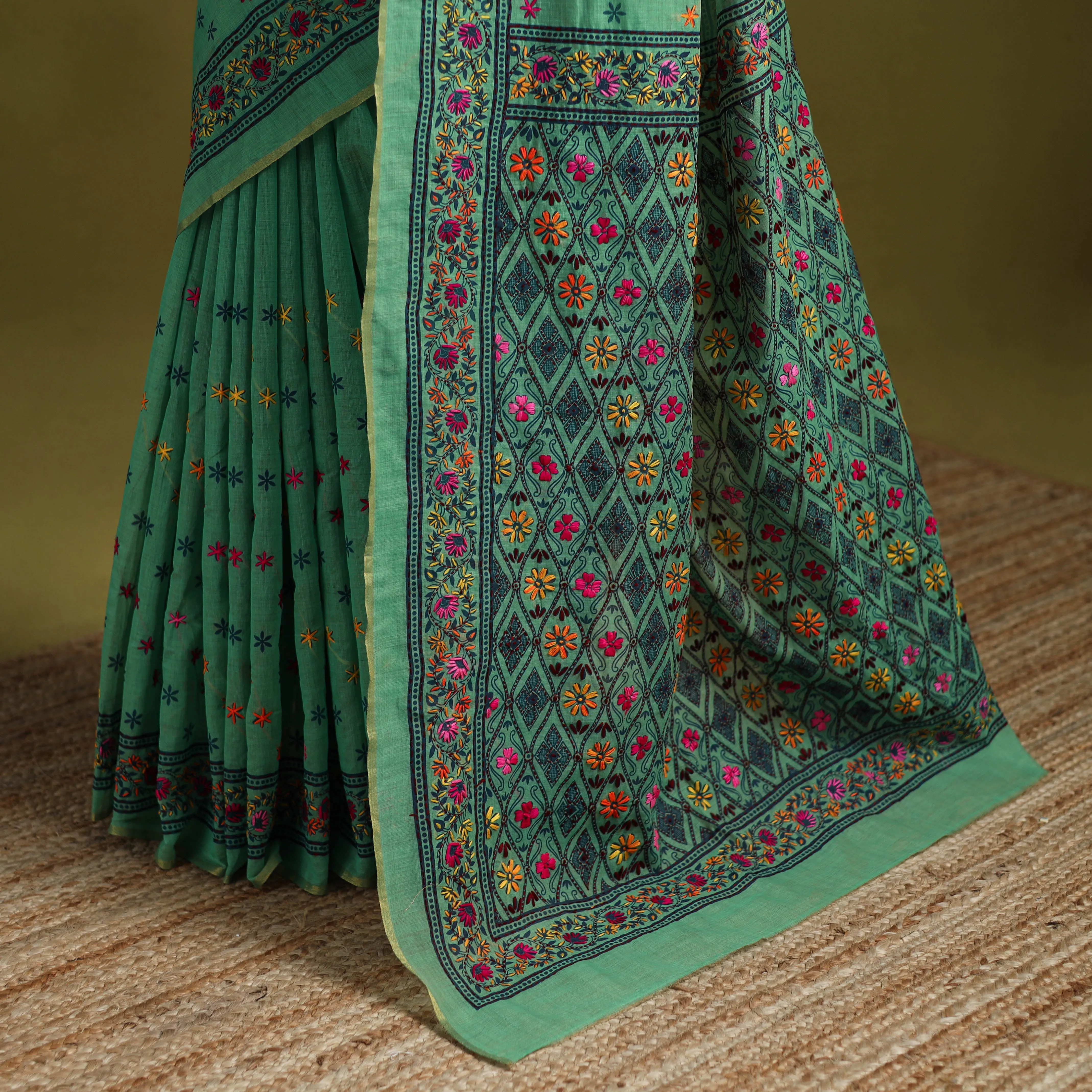 Green - Bengal Hand Embroidery Silk Cotton Chapa Work Kantha Saree 39 sold by Itokri product image thumbnail 4