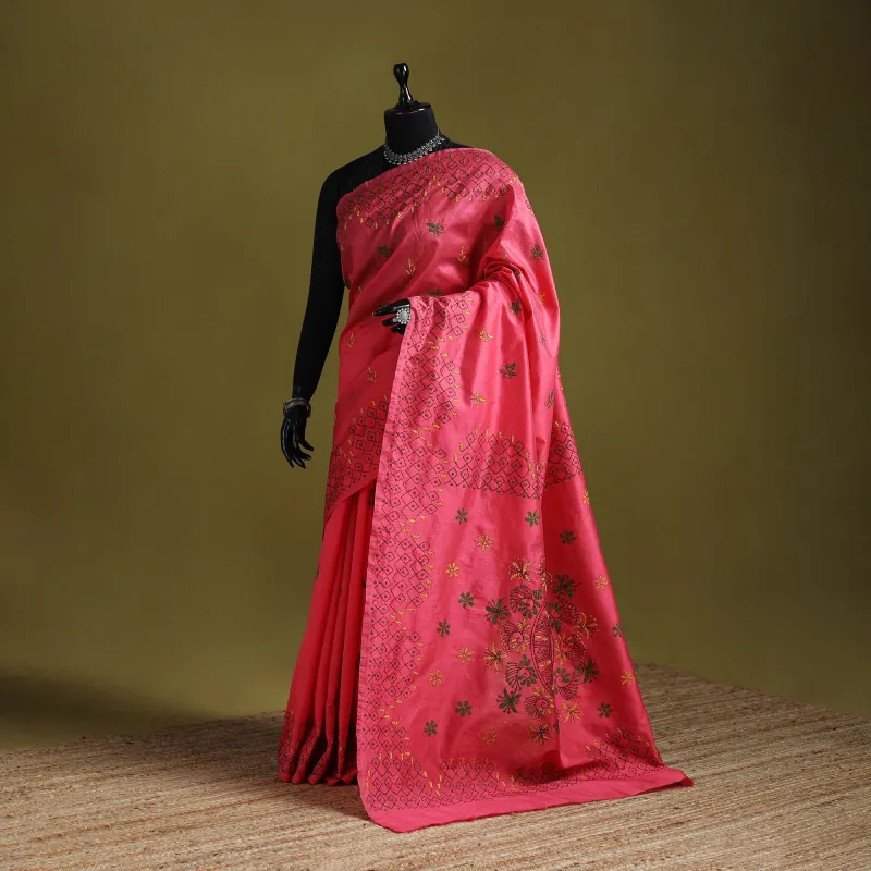 Pink - Bengal Hand Embroidered Silk Nakshi Kantha Saree 34 made by Itokri