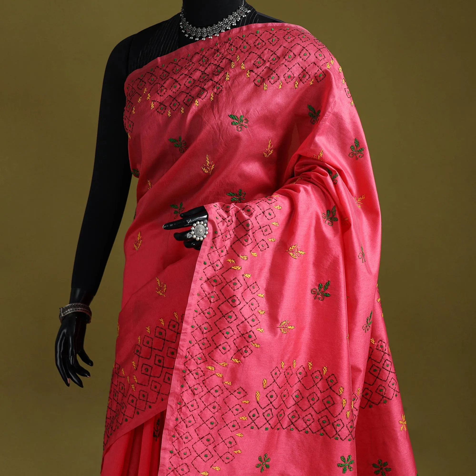Pink - Bengal Hand Embroidered Silk Nakshi Kantha Saree 34 sold by Itokri product image thumbnail 2