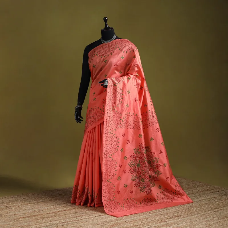 Peach - Bengal Hand Embroidered Silk Nakshi Kantha Saree 32 made by Itokri