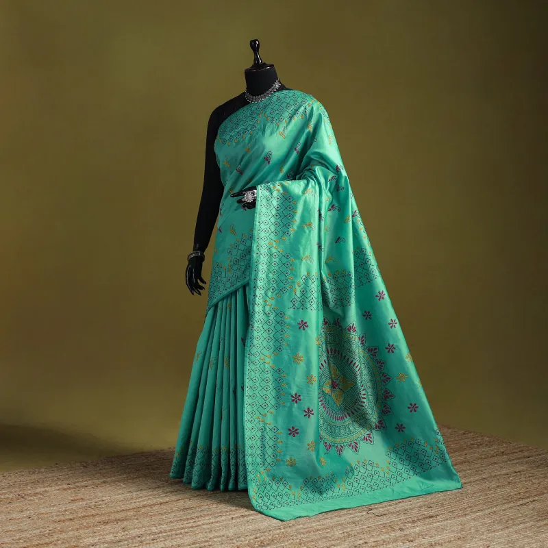Green - Bengal Hand Embroidered Silk Nakshi Kantha Saree 31 made by Itokri