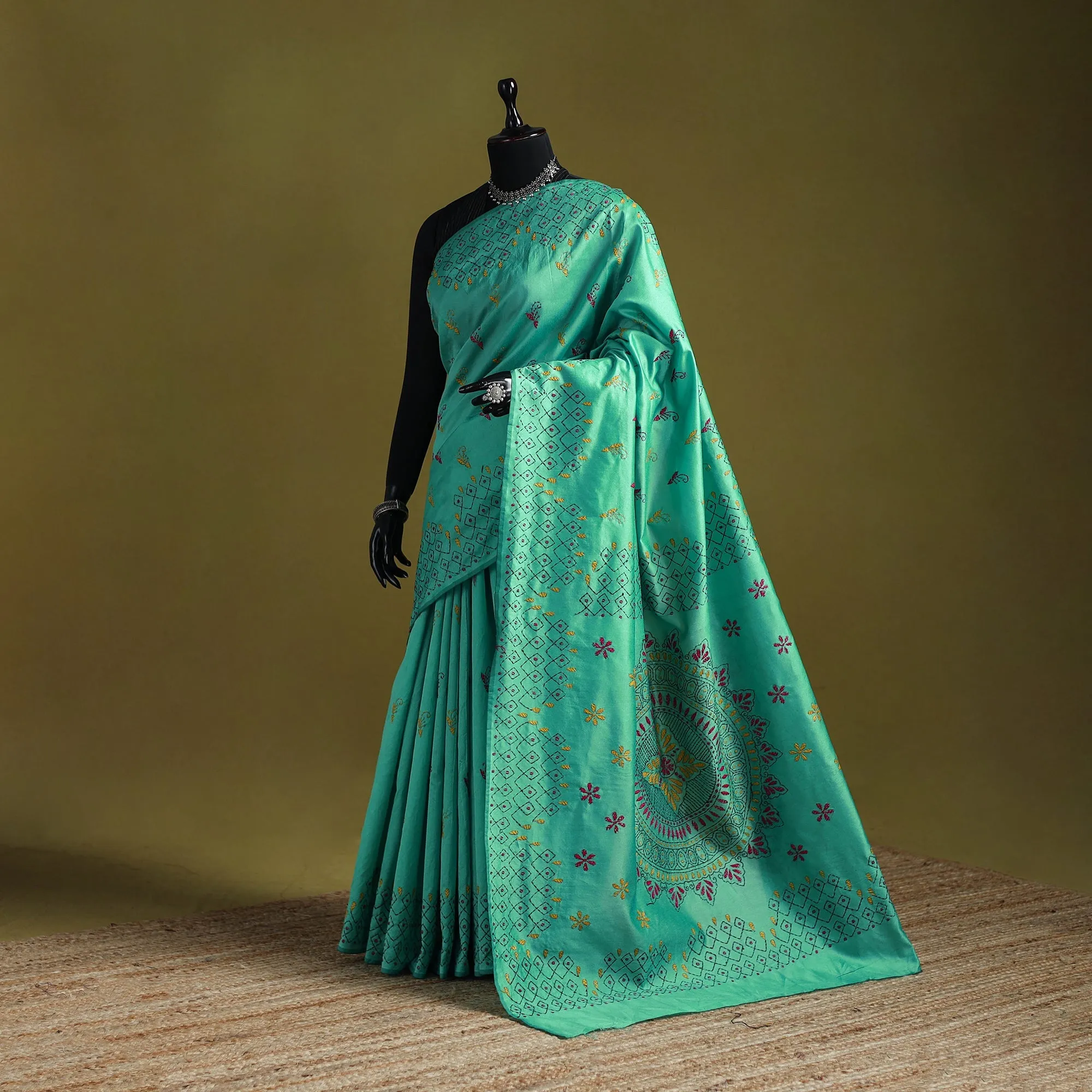 Green - Bengal Hand Embroidered Silk Nakshi Kantha Saree 31 sold by Itokri
