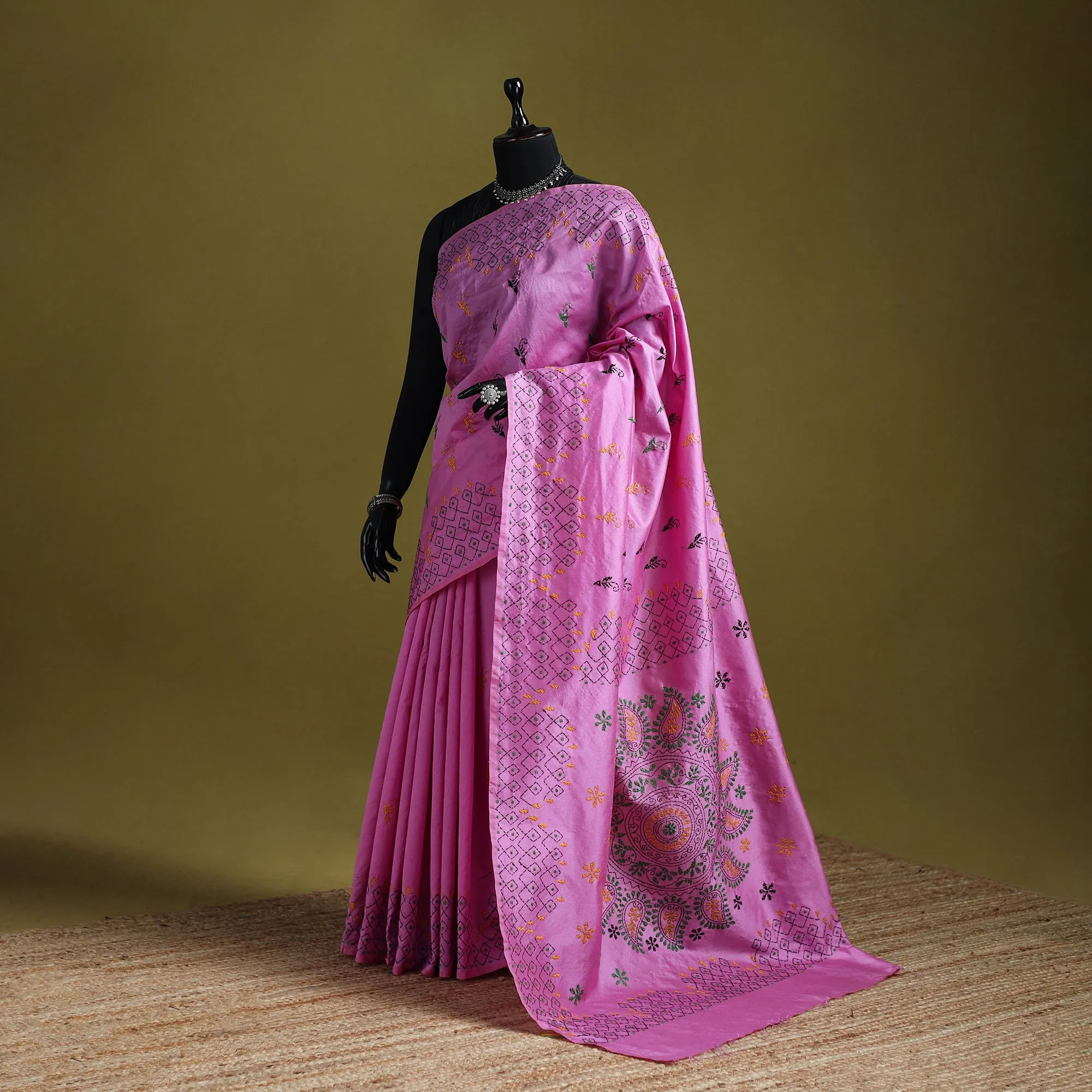 Purple - Bengal Hand Embroidered Silk Nakshi Kantha Saree 28 sold by Itokri