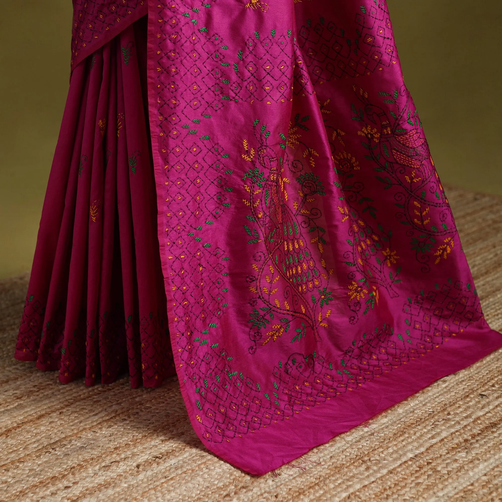 Pink - Bengal Hand Embroidered Silk Nakshi Kantha Saree 27 sold by Itokri product image thumbnail 4