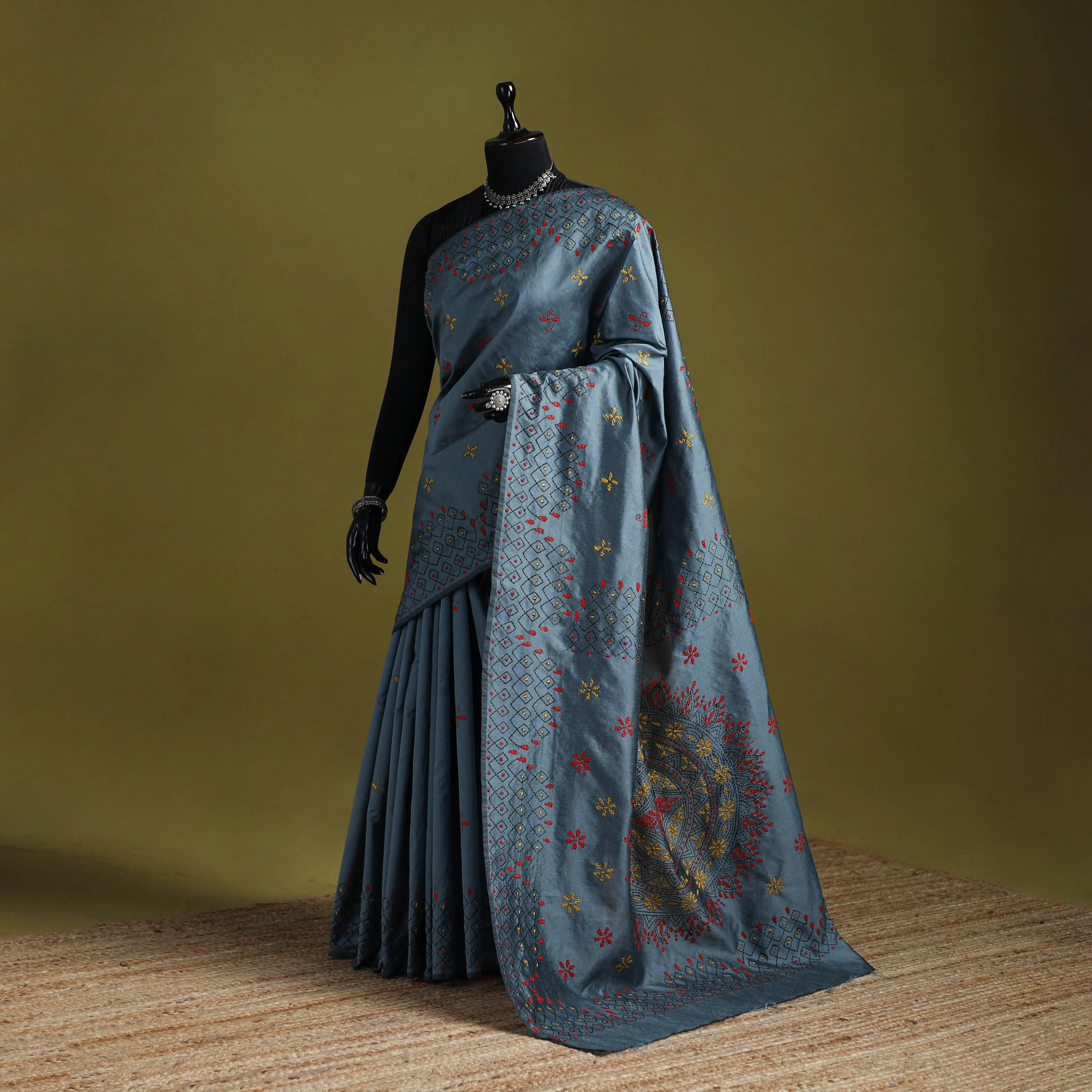 Grey - Bengal Hand Embroidered Silk Nakshi Kantha Saree 25 sold by Itokri