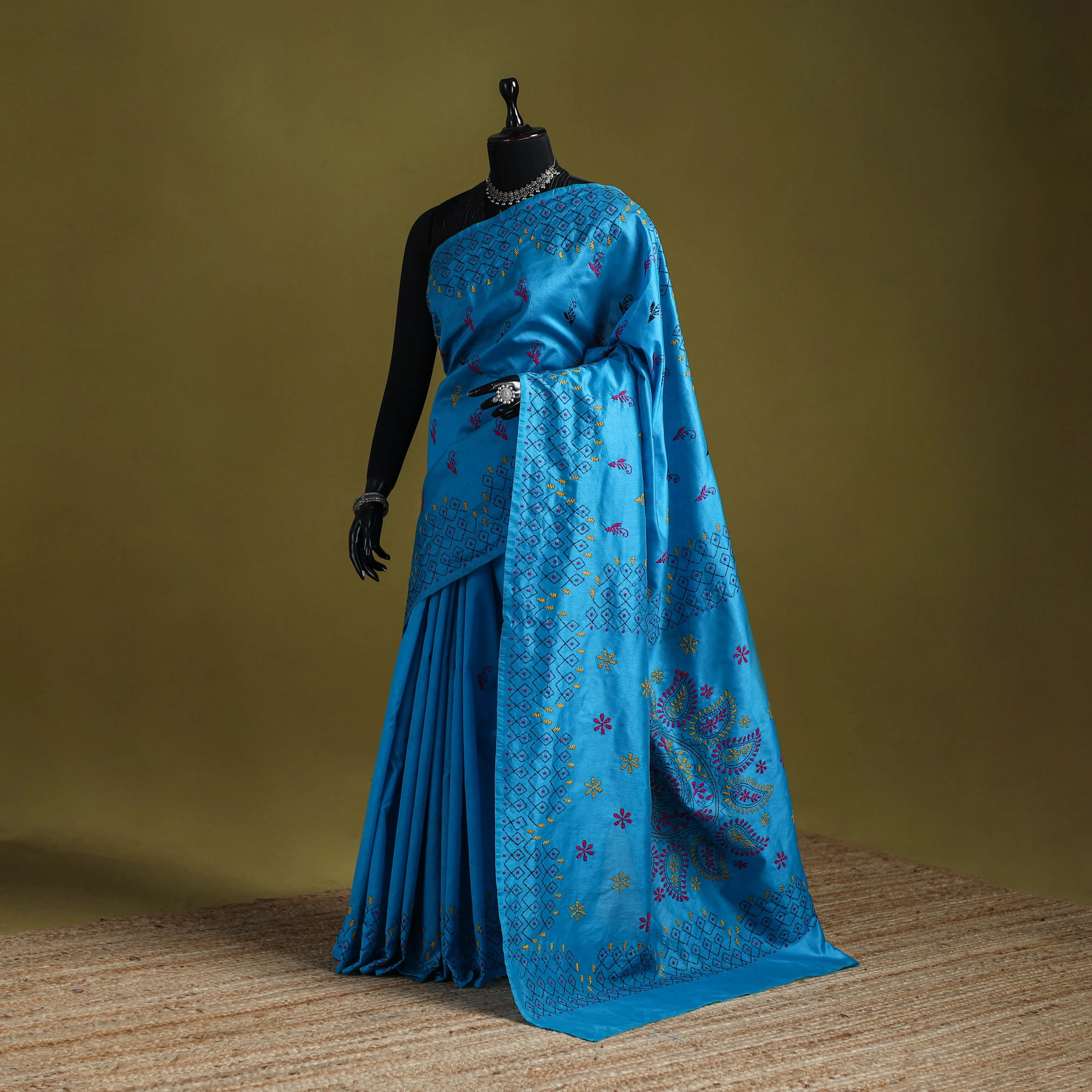 Blue - Bengal Hand Embroidered Silk Nakshi Kantha Saree 26 sold by Itokri