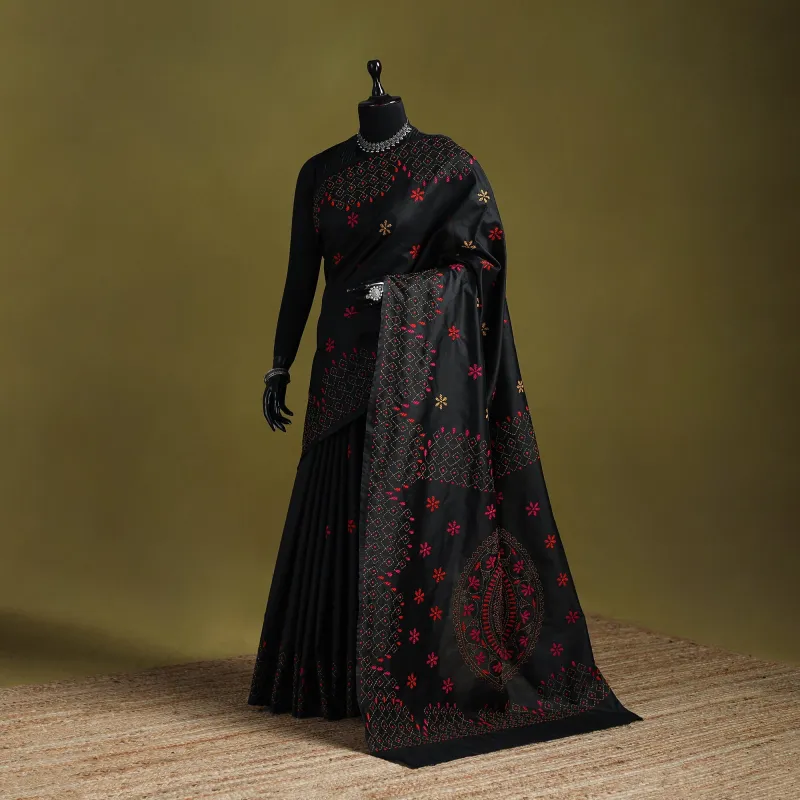 Black - Bengal Hand Embroidered Silk Nakshi Kantha Saree 22 made by Itokri