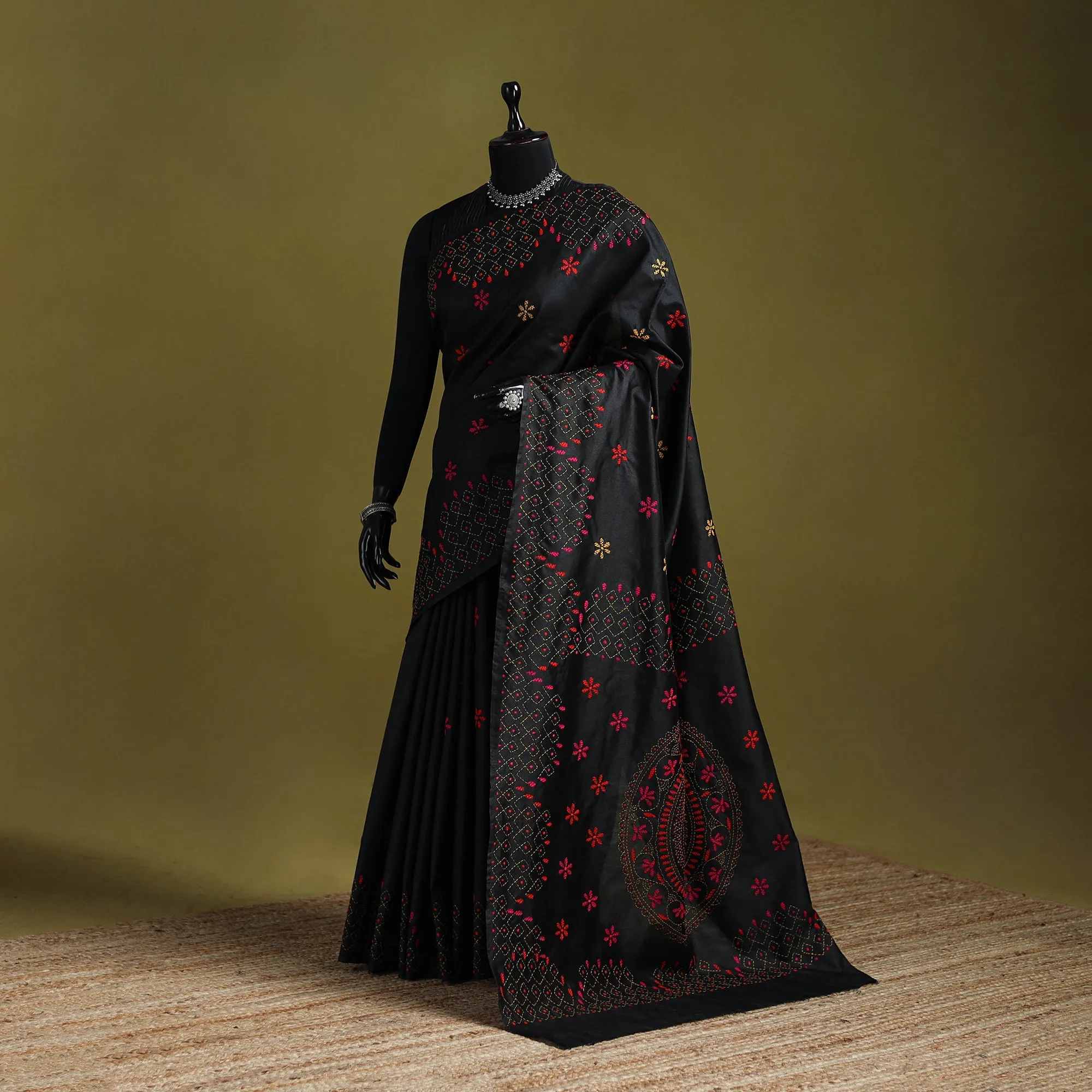 Black - Bengal Hand Embroidered Silk Nakshi Kantha Saree 22 sold by Itokri
