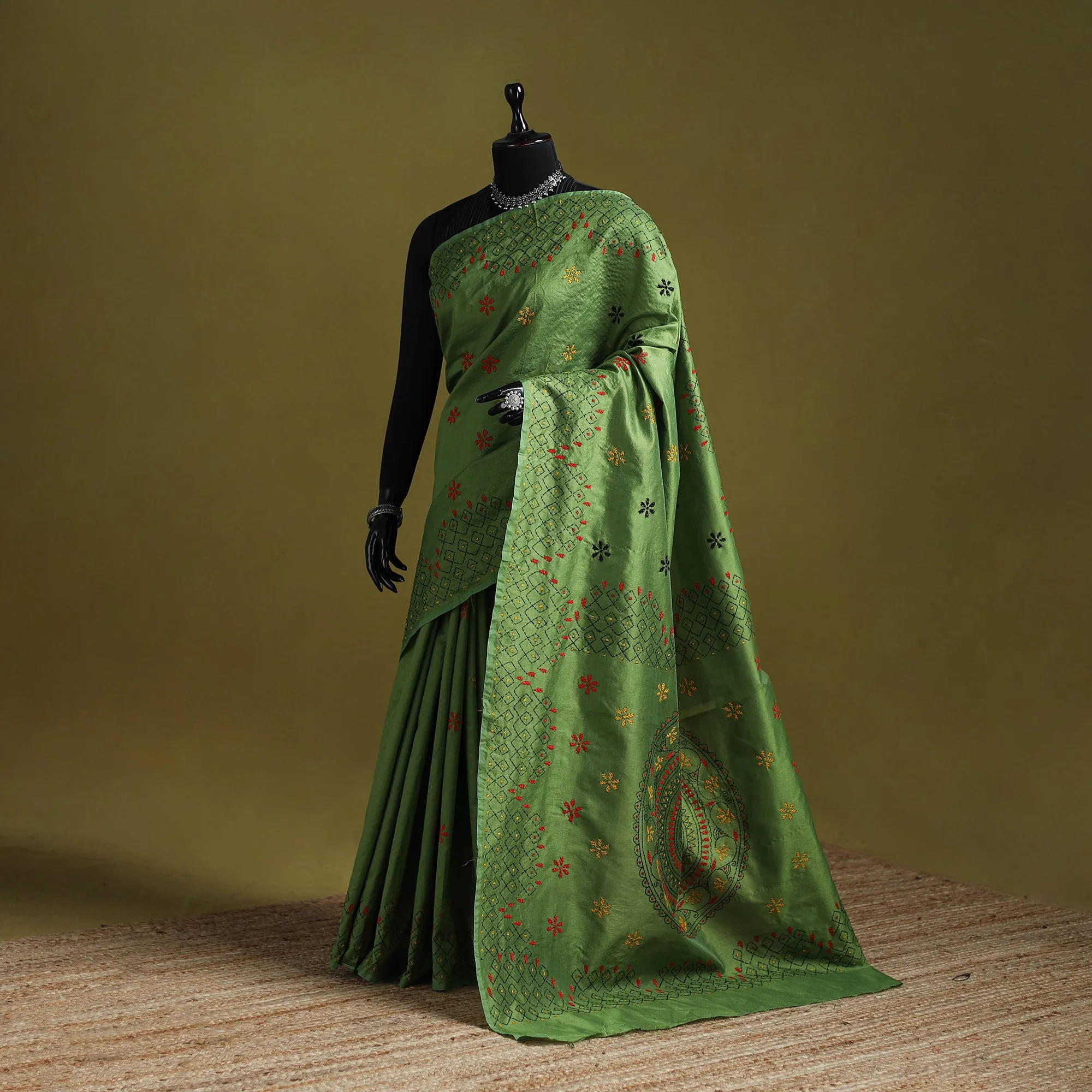 Green - Bengal Hand Embroidered Silk Nakshi Kantha Saree 20 sold by Itokri