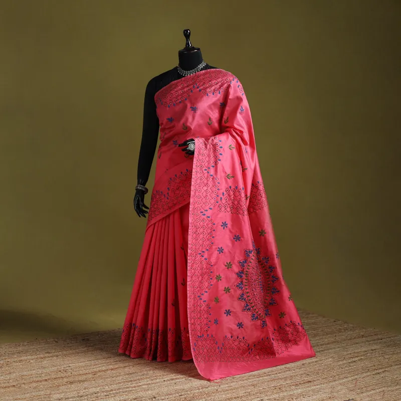 Pink - Bengal Hand Embroidered Silk Nakshi Kantha Saree 18 made by Itokri