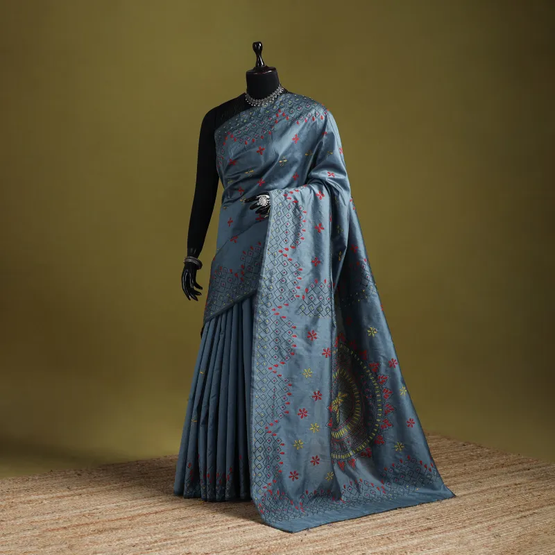 Grey - Bengal Hand Embroidered Silk Nakshi Kantha Saree 17 sold by Itokri