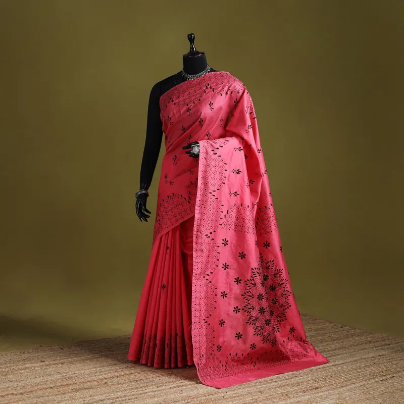 Pink - Bengal Hand Embroidered Silk Nakshi Kantha Saree 16 made by Itokri